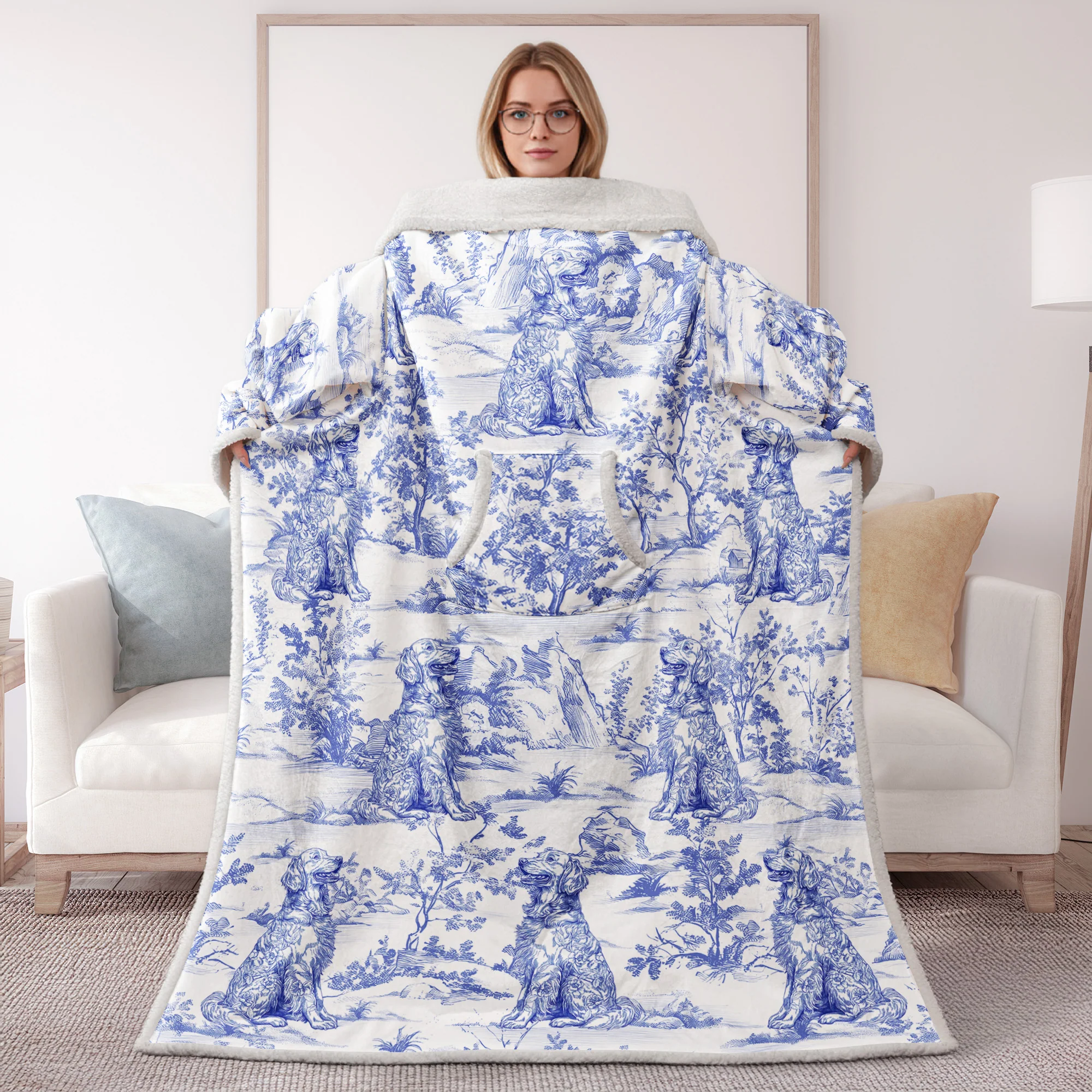 Dog Custom Breeds Toile De Jouy Style - Personalized Wearable Blanket With Sleeves