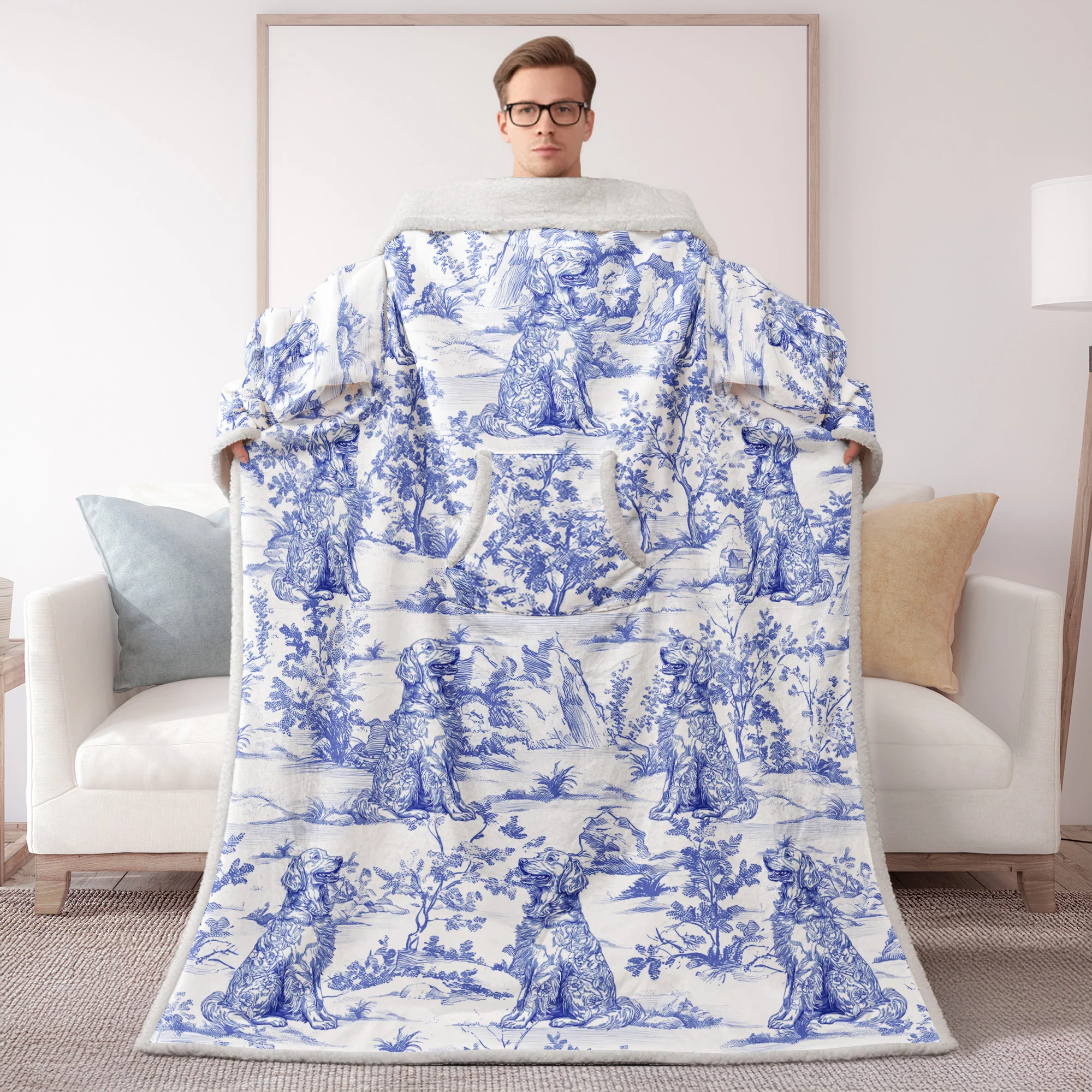 Dog Custom Breeds Toile De Jouy Style - Personalized Wearable Blanket With Sleeves - Image 2
