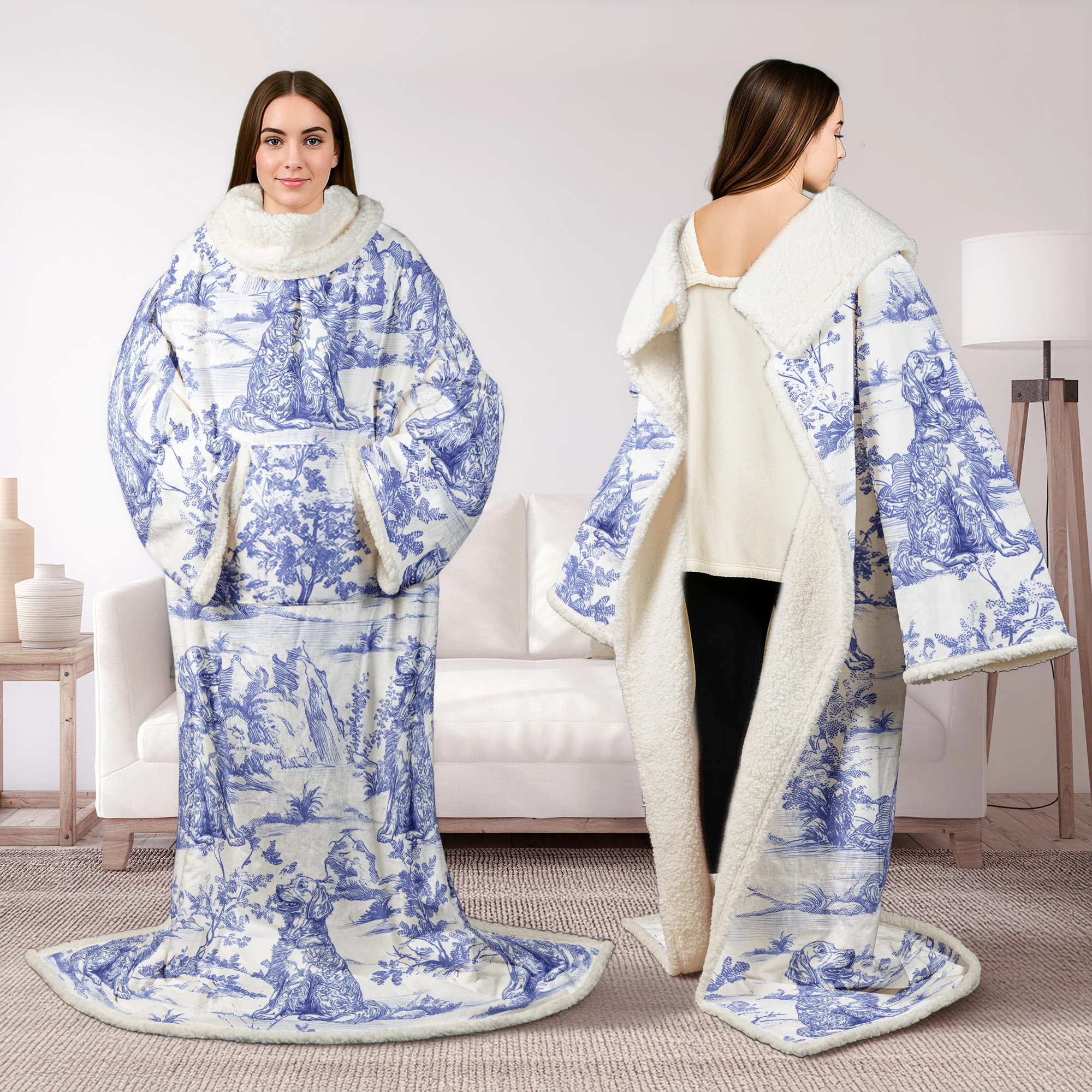 Dog Custom Breeds Toile De Jouy Style - Personalized Wearable Blanket With Sleeves - Image 3