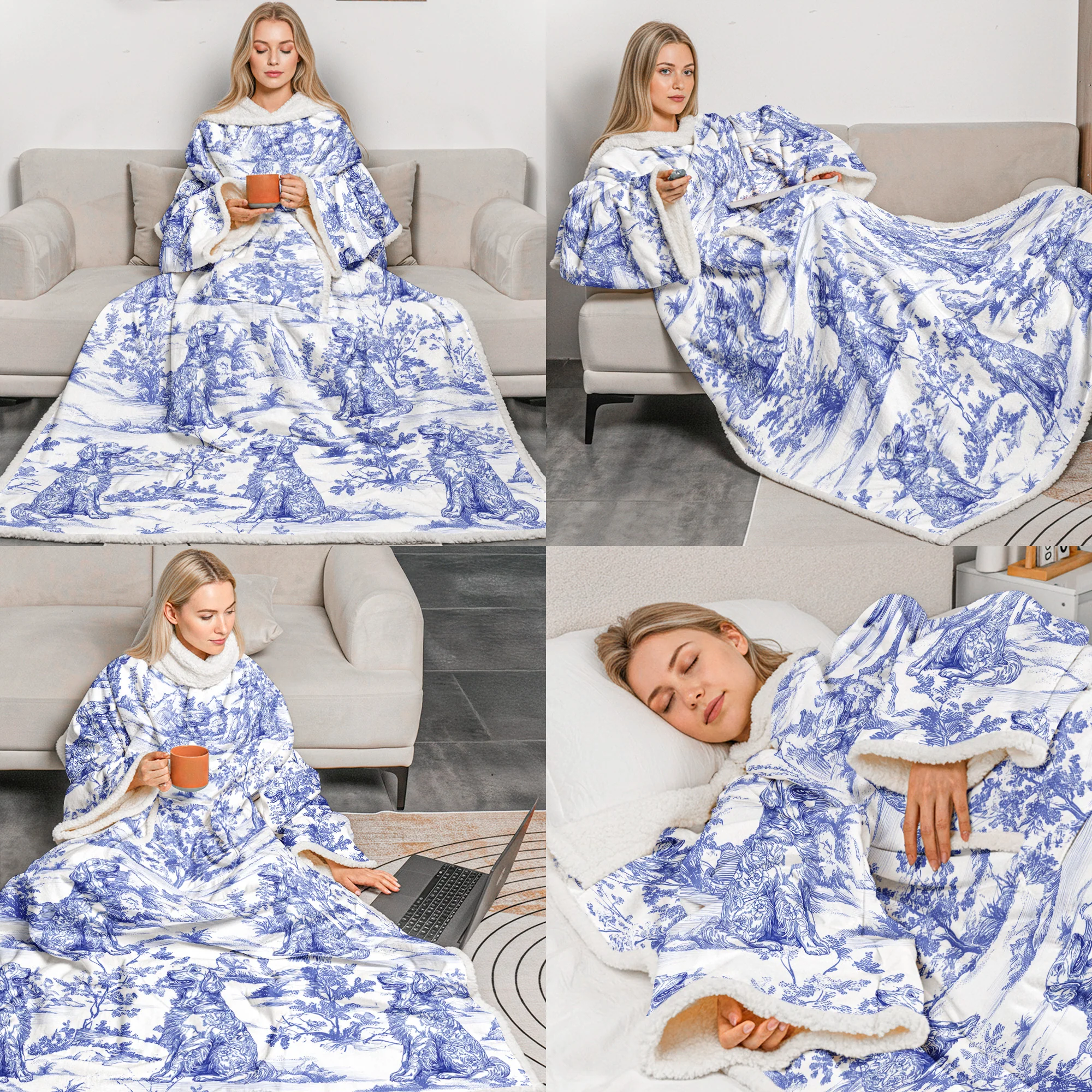 Dog Custom Breeds Toile De Jouy Style - Personalized Wearable Blanket With Sleeves - Image 5