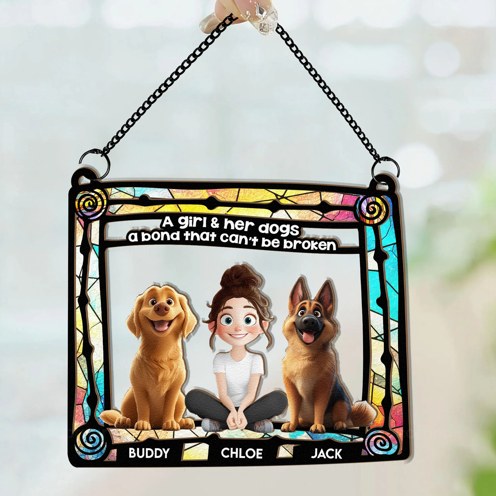 Dog & Girl Sitting In Rainbow Frame - Personalized Window Hanging Suncatcher Ornament - Image 3