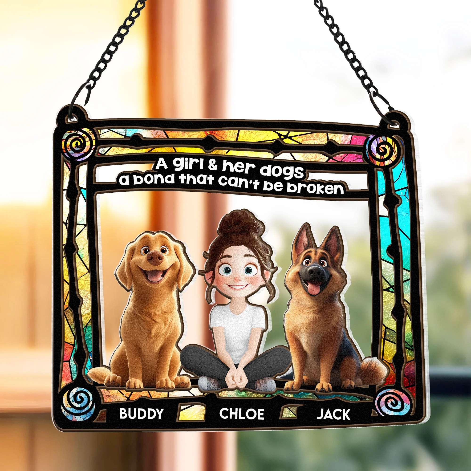 Dog & Girl Sitting In Rainbow Frame - Personalized Window Hanging Suncatcher Ornament - Image 4