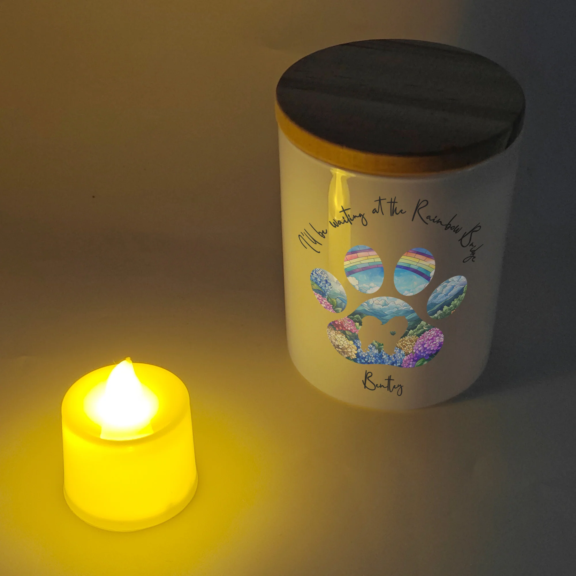 Dog Loss I'll Be Waiting At The Rainbow Bridge - Personalized LED Tea Light Holder - Image 4
