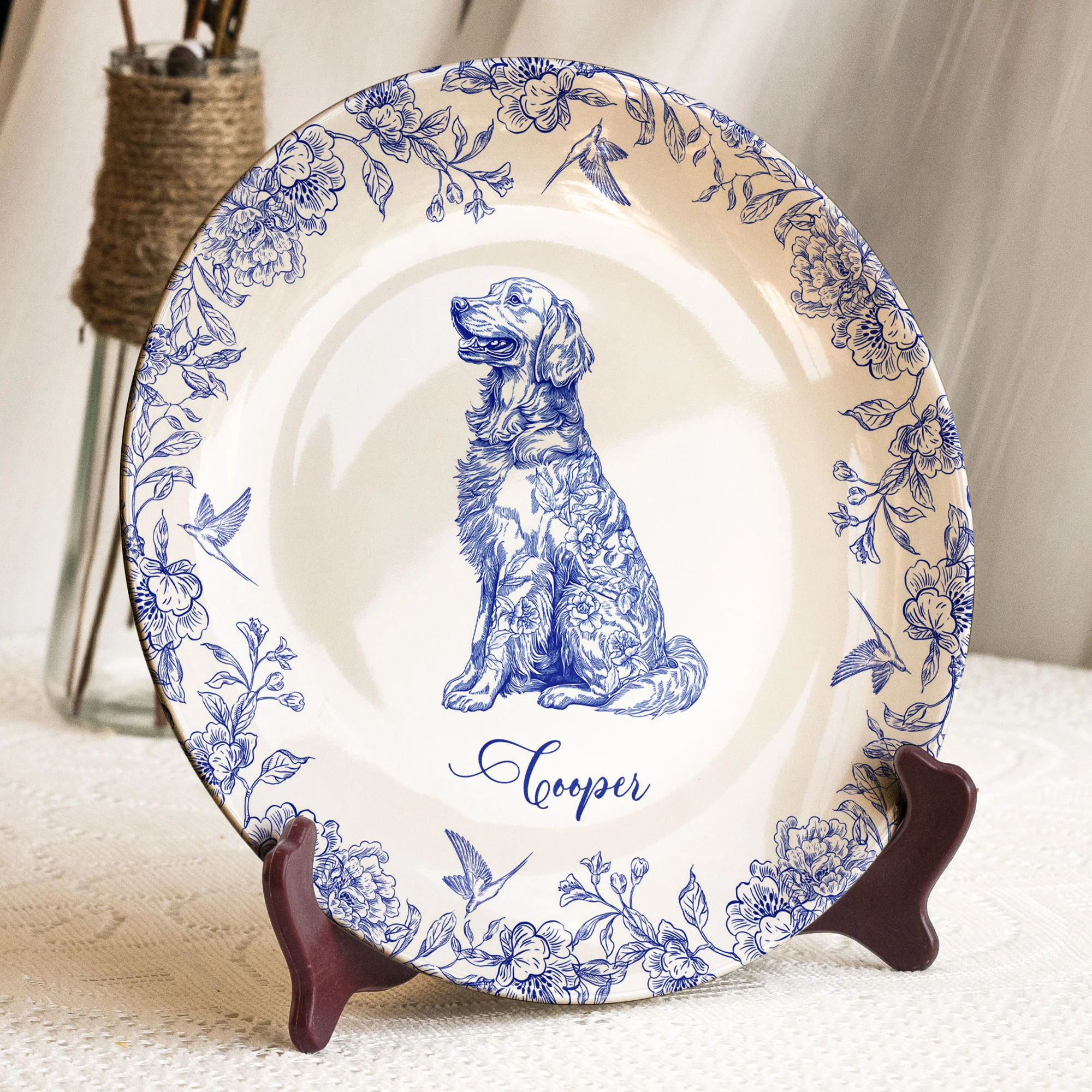 Dog Lover Custom Gift Chinoiserie Toile De Jouy Style - Personalized Ceramic Plate - Image 2
