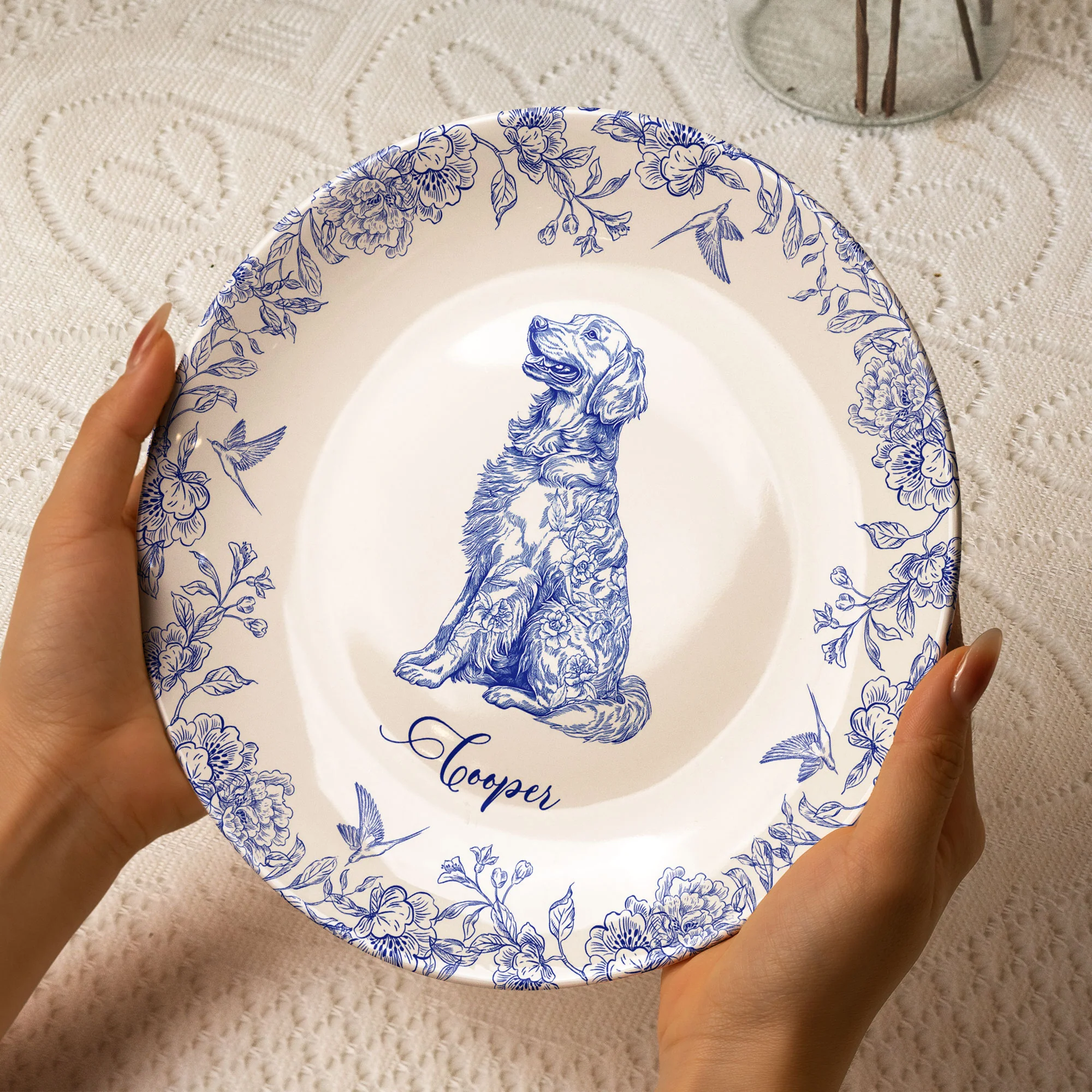Dog Lover Custom Gift Chinoiserie Toile De Jouy Style - Personalized Ceramic Plate - Image 3