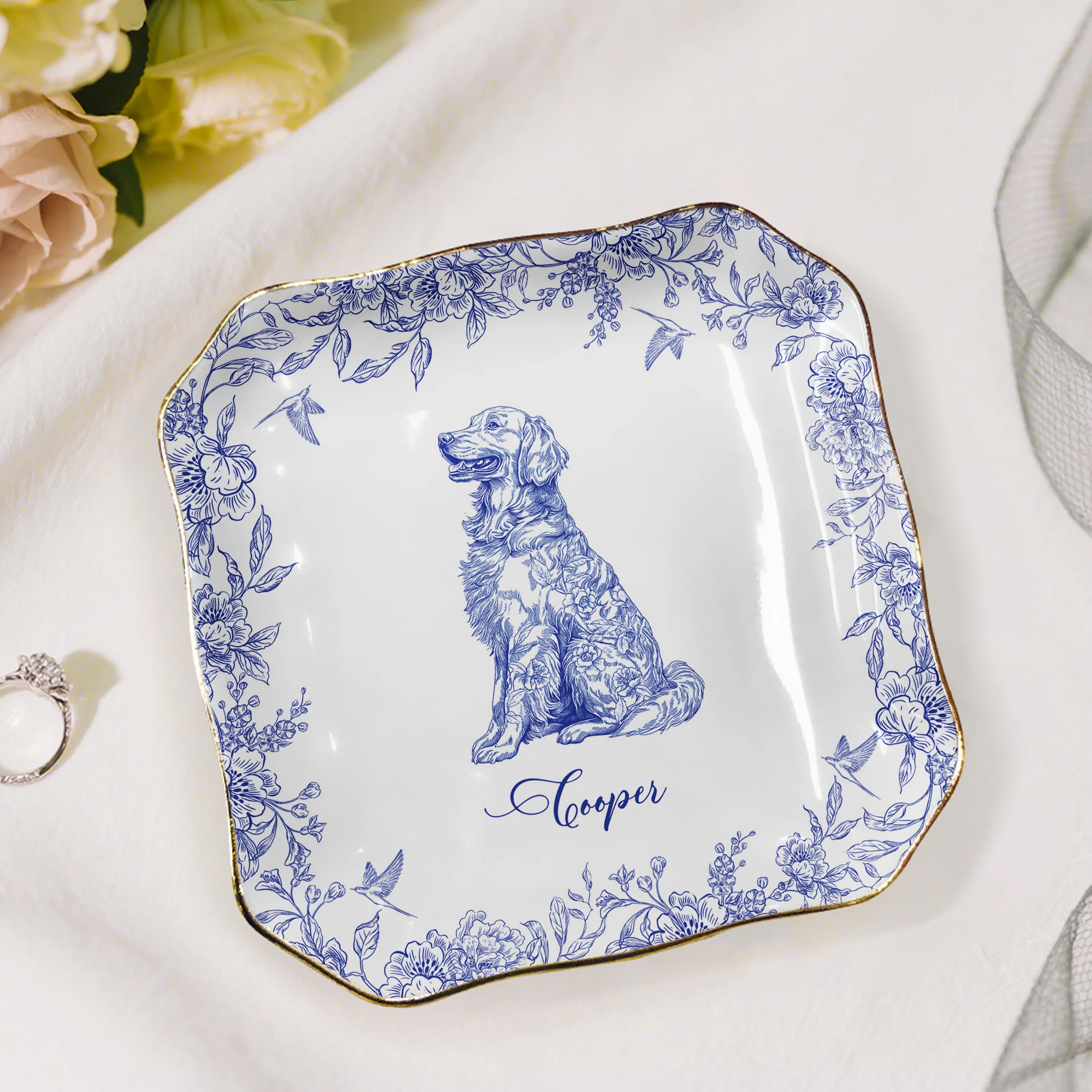 Dog Lover Gift Dog Breeds Chinoiserie Toile De Jouy Style - Personalized Jewelry Dish - Image 4