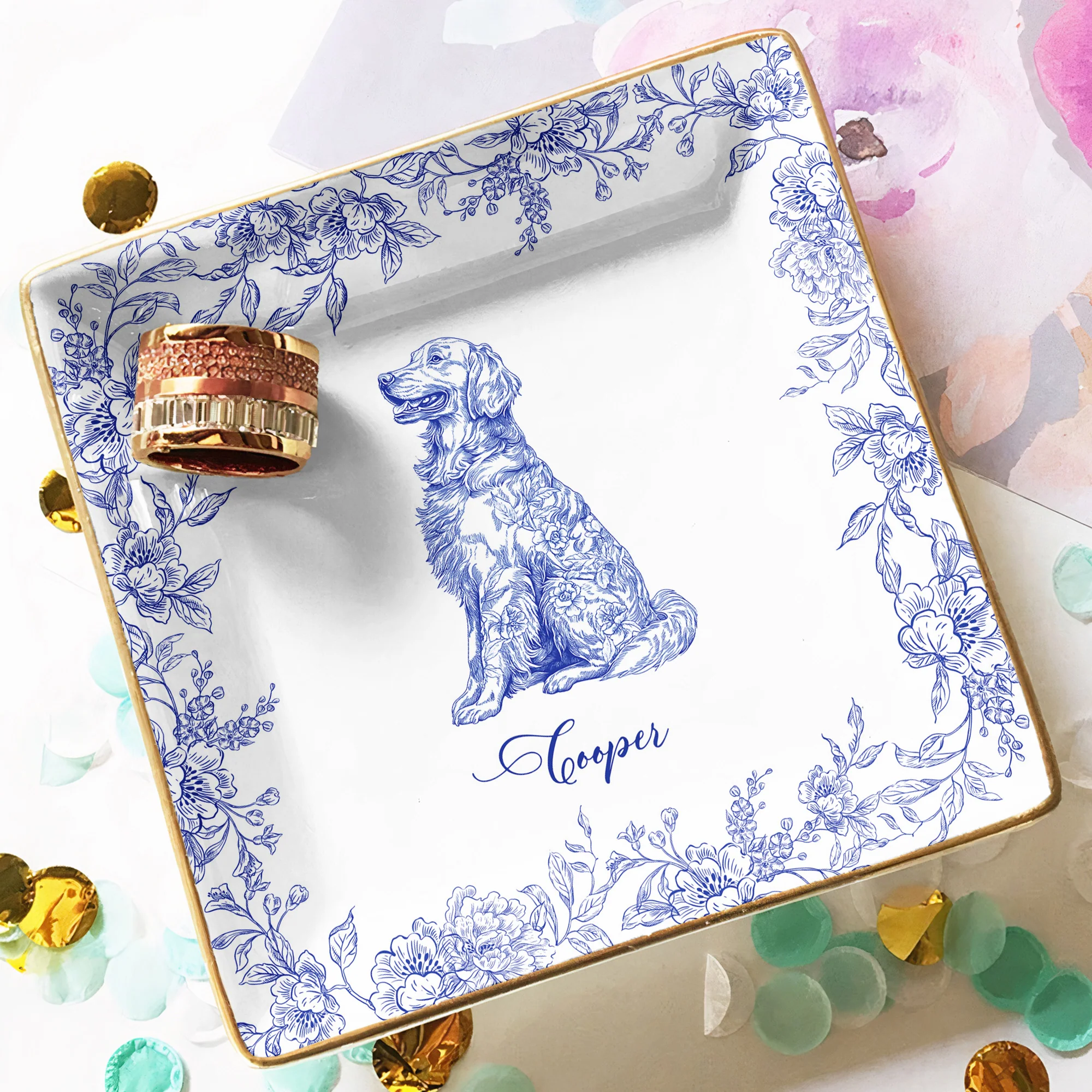 Dog Lover Gift Dog Breeds Chinoiserie Toile De Jouy Style - Personalized Jewelry Dish - Image 6