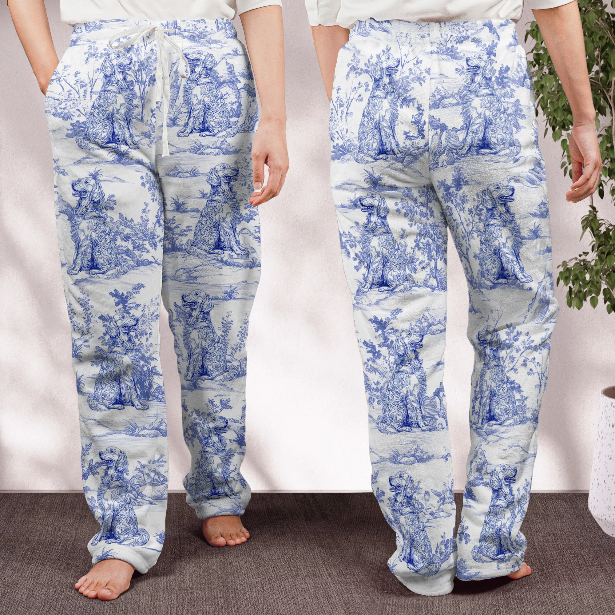 Dog Lover Gift Toile De Jouy Style - Personalized Fleece Pajama Pants - Image 4