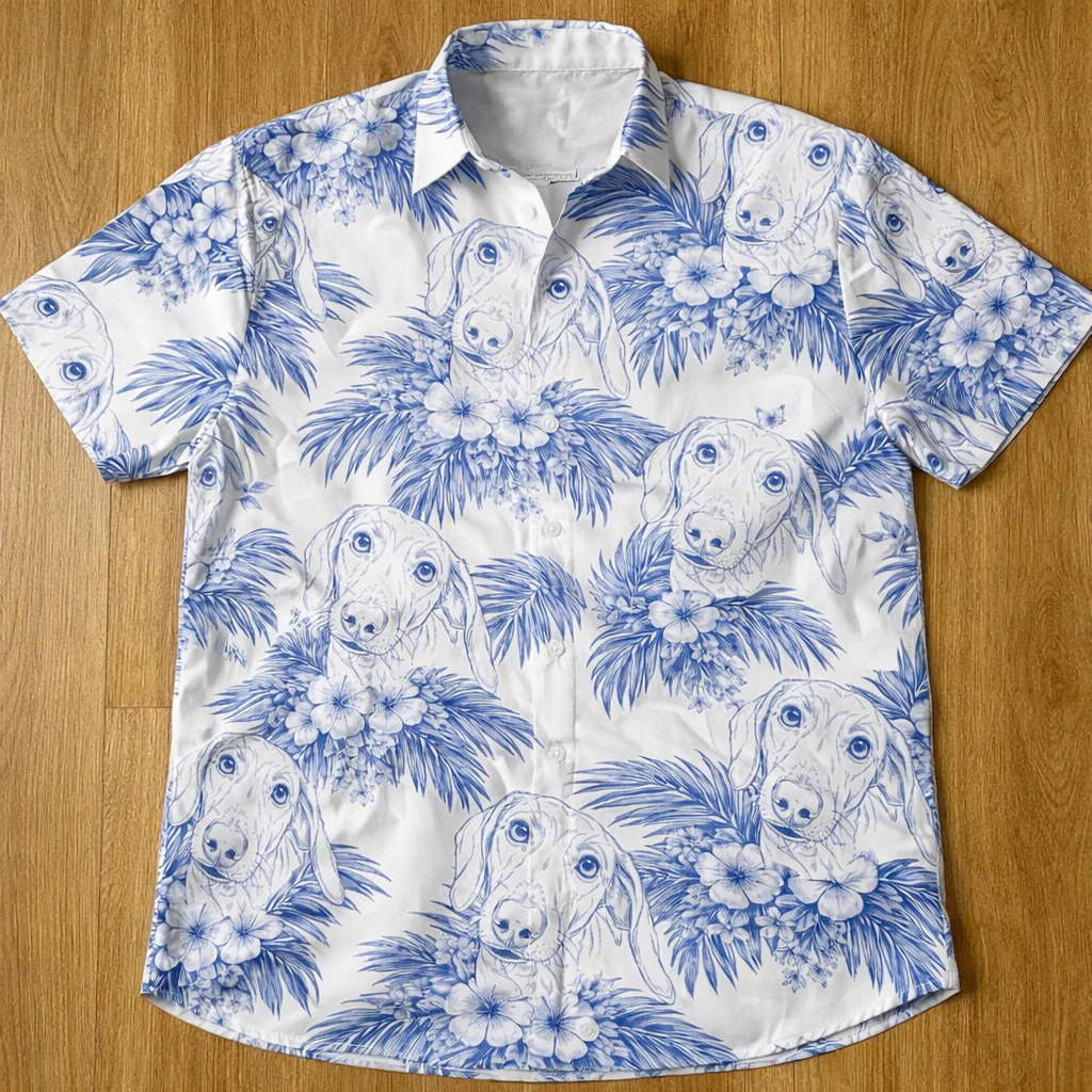 Dog Lovers Toile De Jouy Style Custom Photo - Personalized Hawaiian Shirt - Image 2