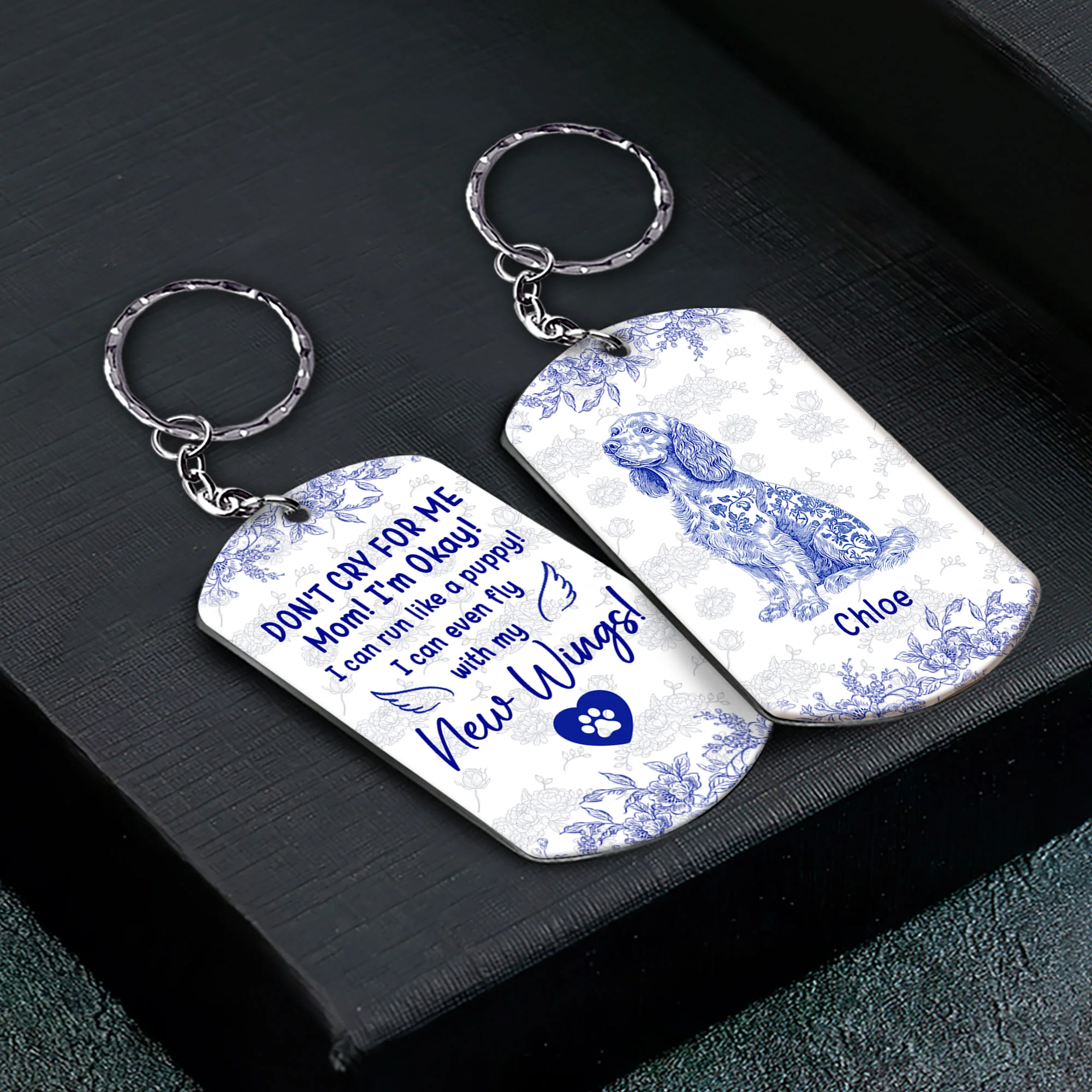 Dog Memorial Gift Toile De Jouy Don't Cry For Me Mom - Personalized Keychain - Image 3