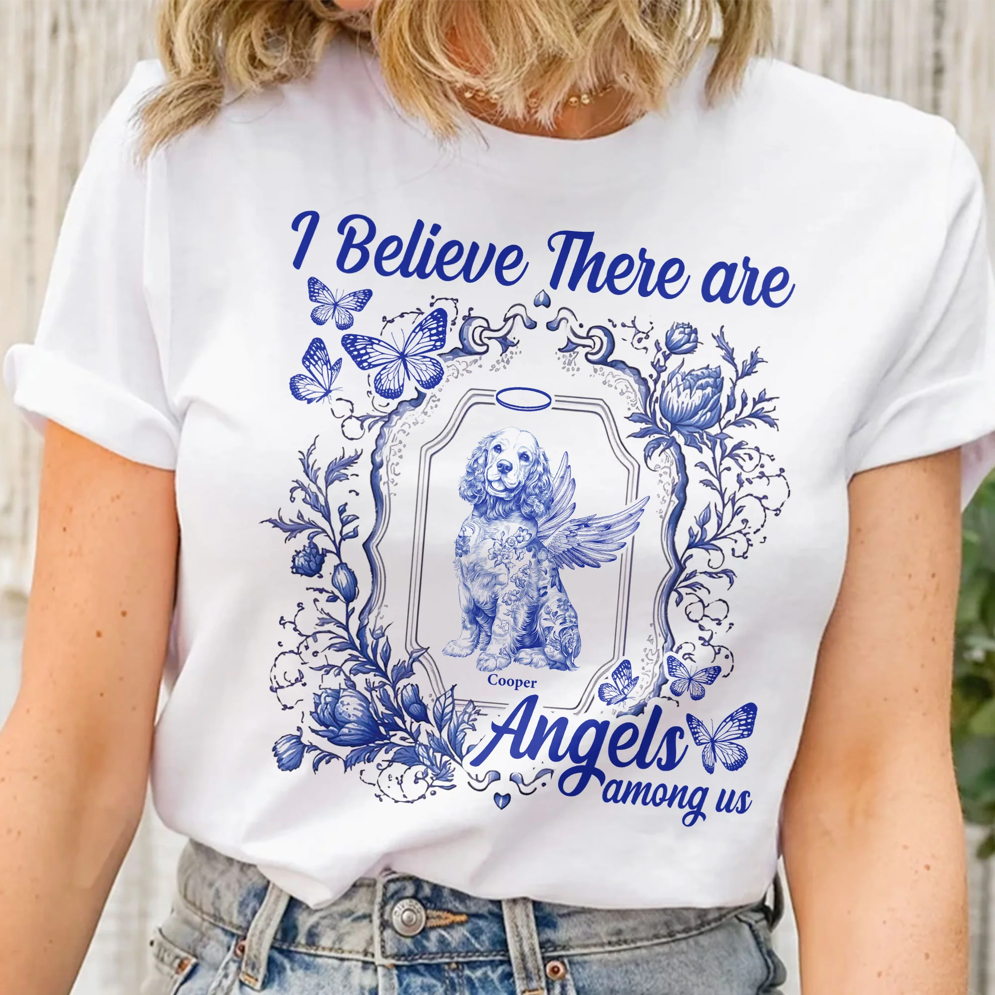 Dog Memorial Toile De Jouy I Believe There Are Angels Among Us - Personalized Shirt - Image 2