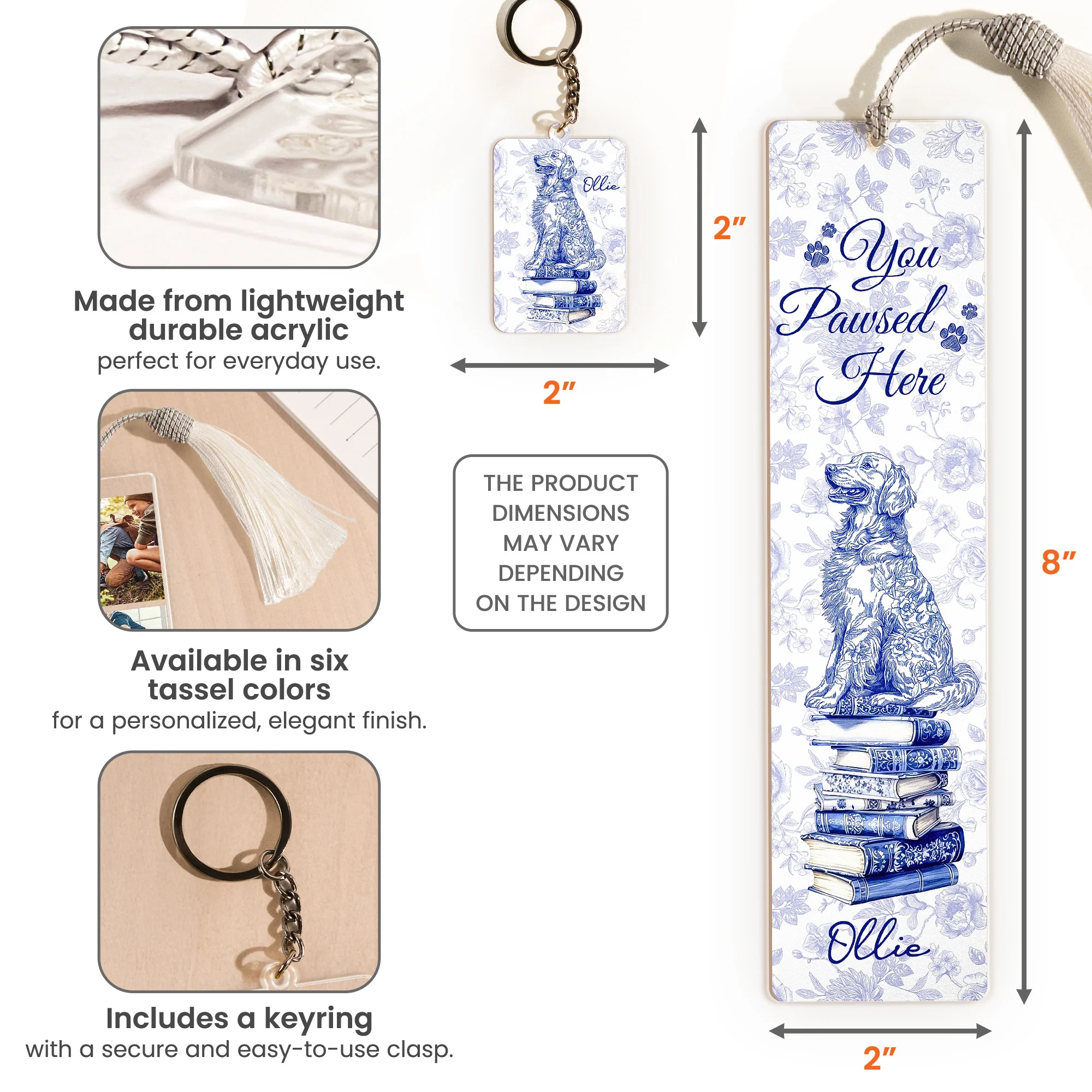 Dog Mom Book Lover Toile De Jouy - Personalized Acrylic Bookmark And Keychain Set - Image 6