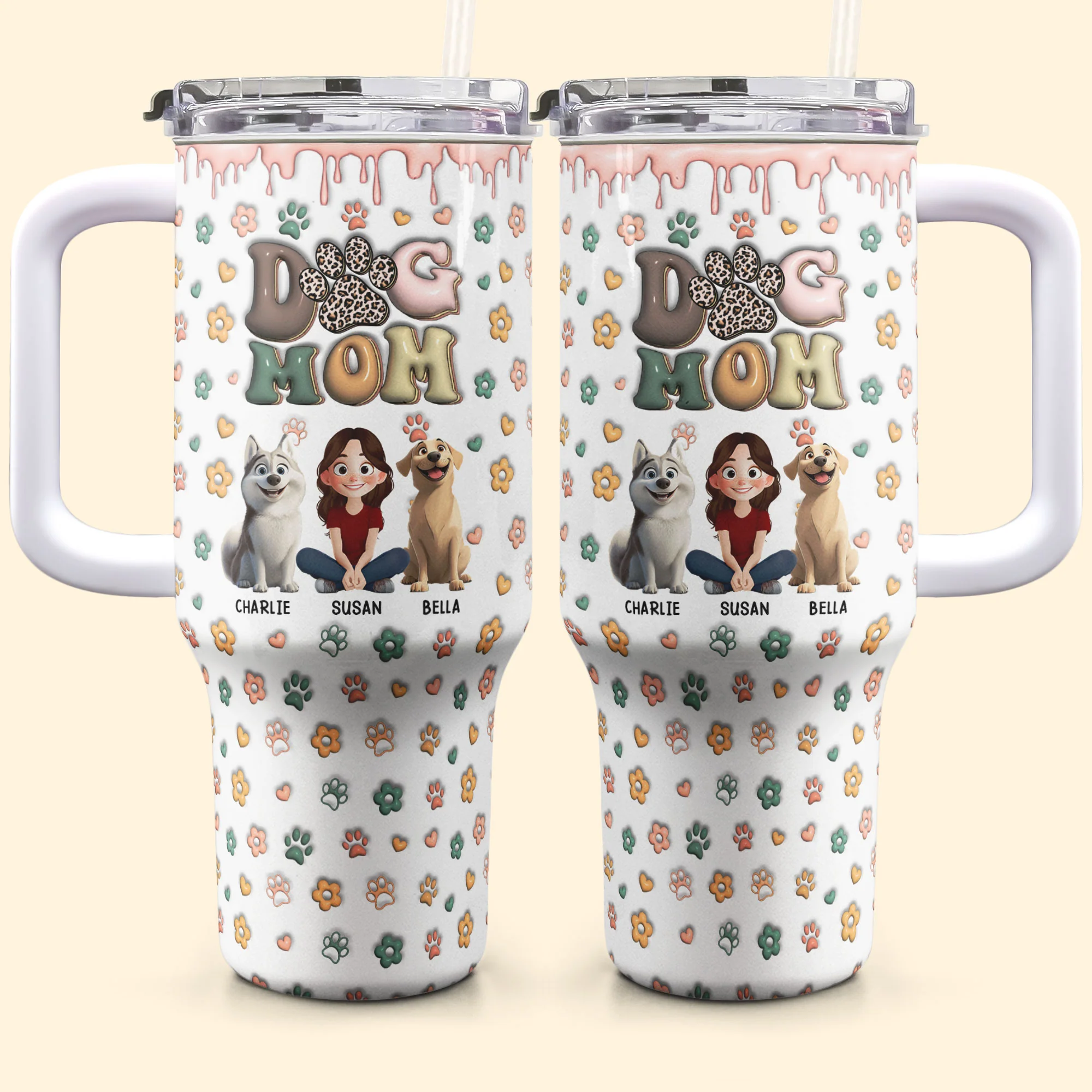 DOG MOM, DOG MAMA 3D Style Pattern - Personalized 40oz Tumbler With Straw - Image 4