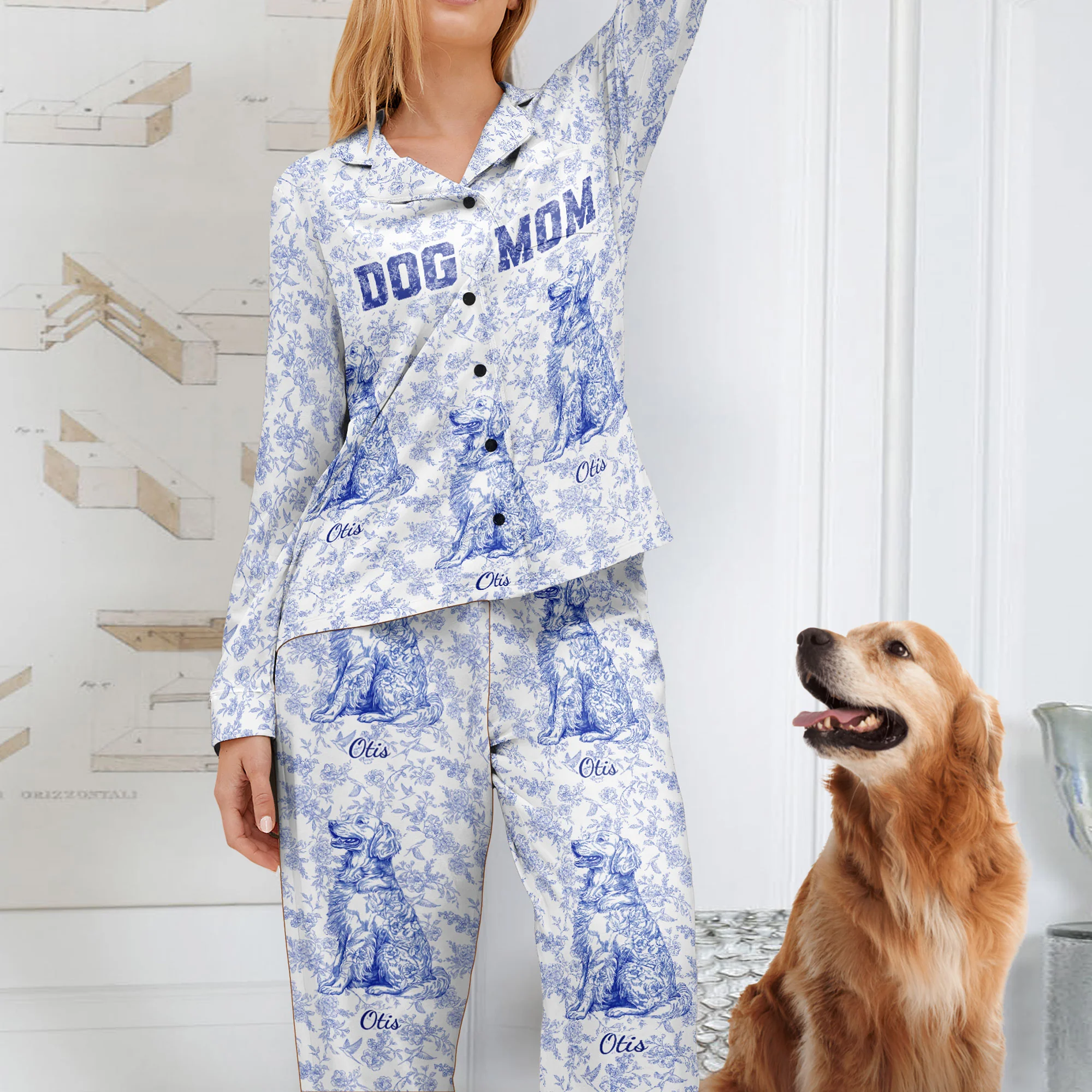 Dog Mom Floral Toile De Jouy French Chinoiserie - Personalized Women's Pajamas Set - Image 2