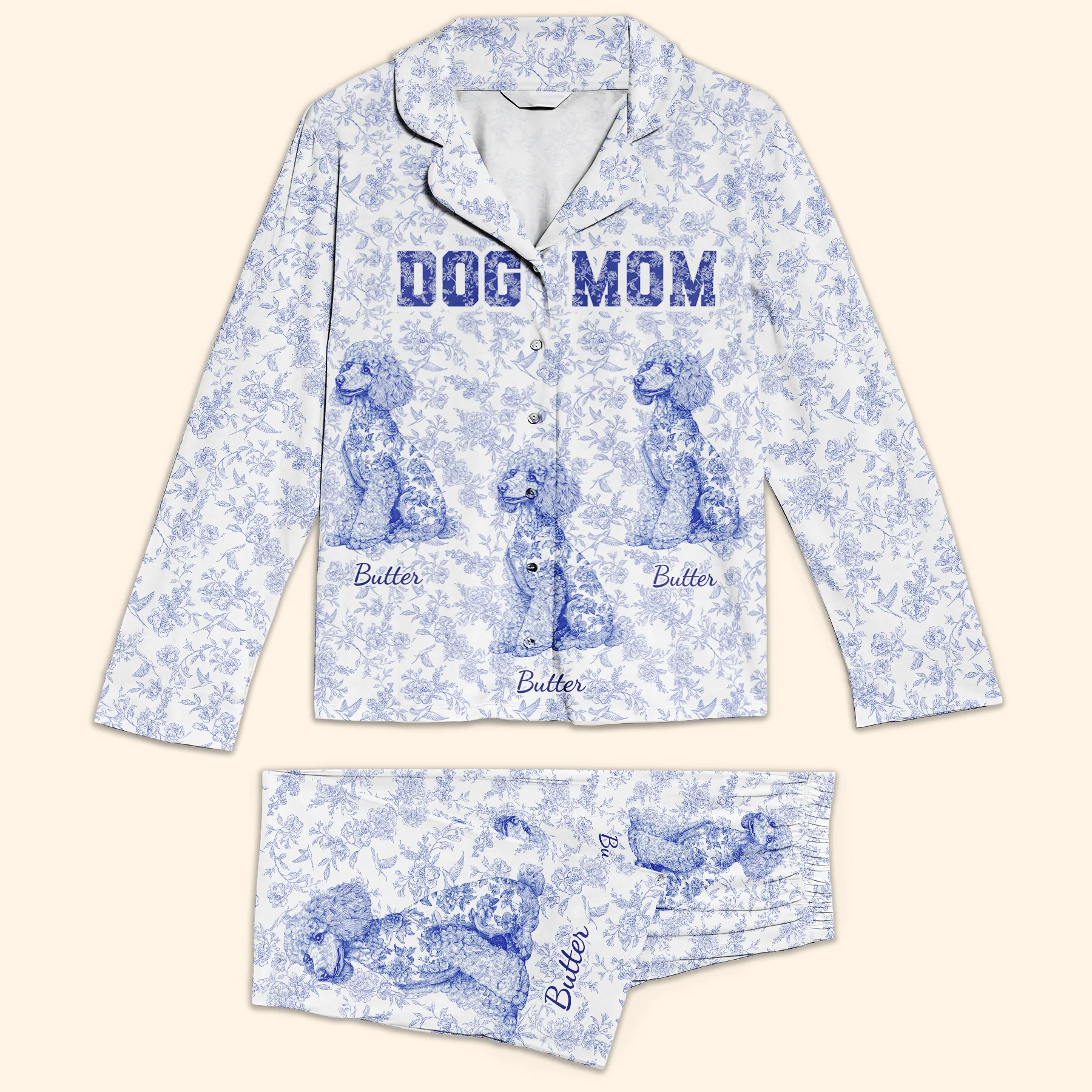 Dog Mom Floral Toile De Jouy French Chinoiserie - Personalized Women's Pajamas Set - Image 3