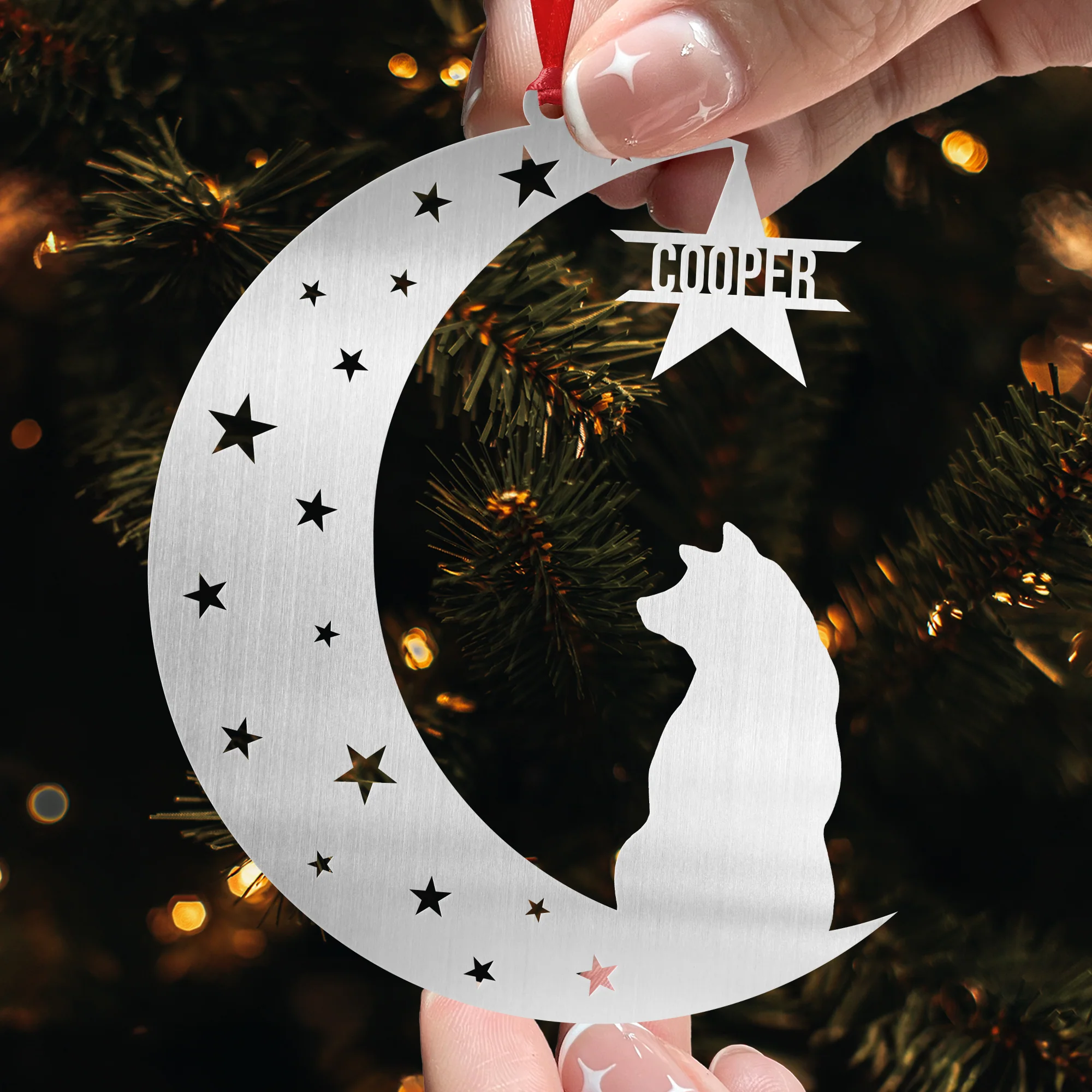 Dog Sitting On The Moon - Personalized Metal Ornament - Image 2