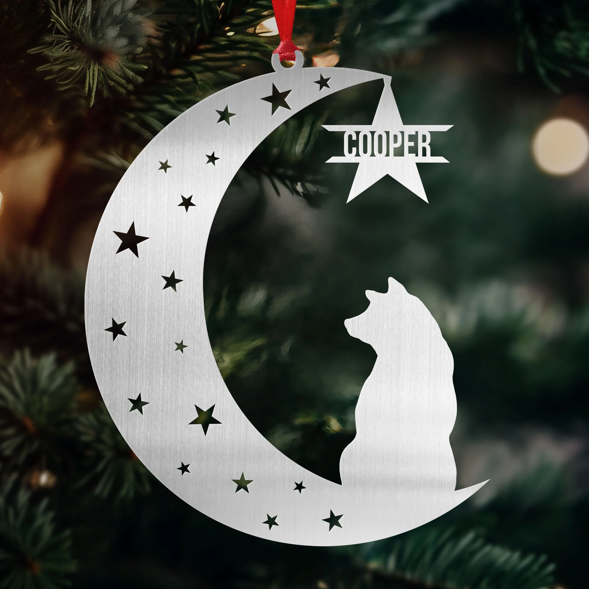 Dog Sitting On The Moon - Personalized Metal Ornament - Image 3