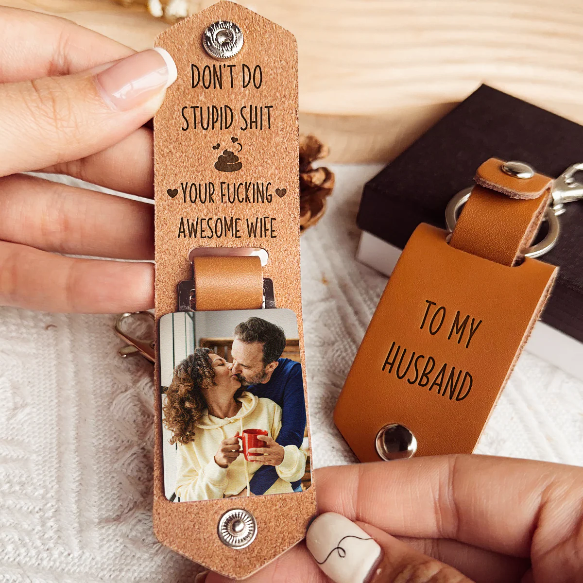 Don't Do Stupid Shit For Kids, Son, Daughter - Personalized Leather Photo Keychain - Image 2