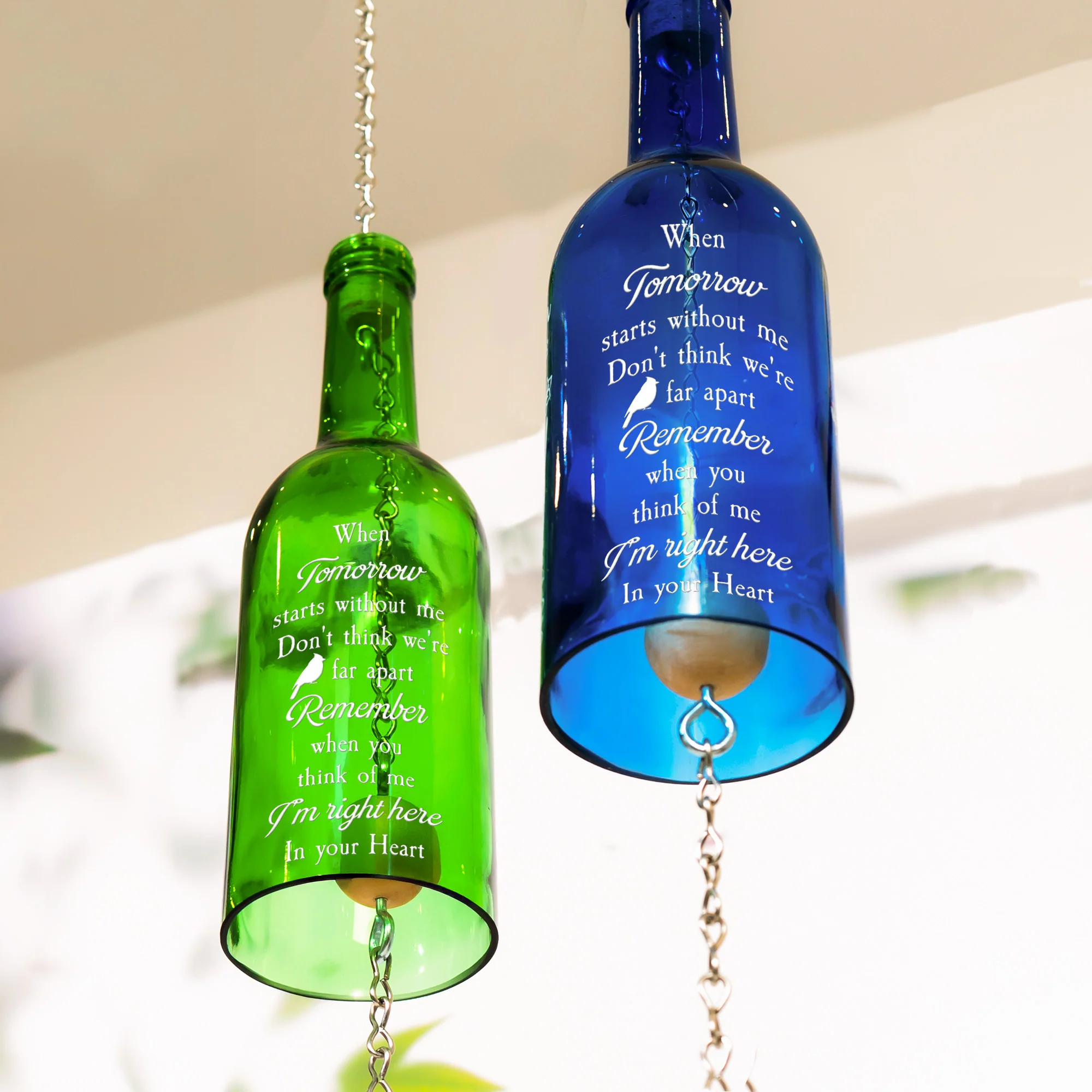 Don't Think We're Apart Memorial Gift - Personalized Photo Wine Bottle Wind Chime - Image 2
