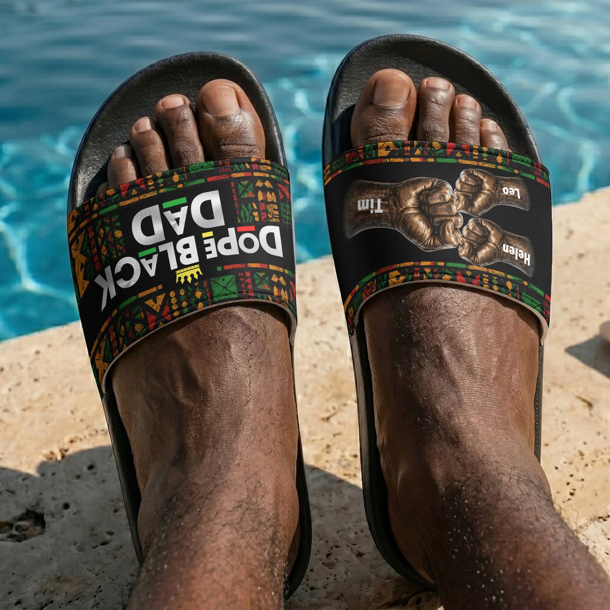 Dope Black Dad, Dope Dad Father's Day Gifts - Fist Bumps - Personalized Slide Sandals - Image 3