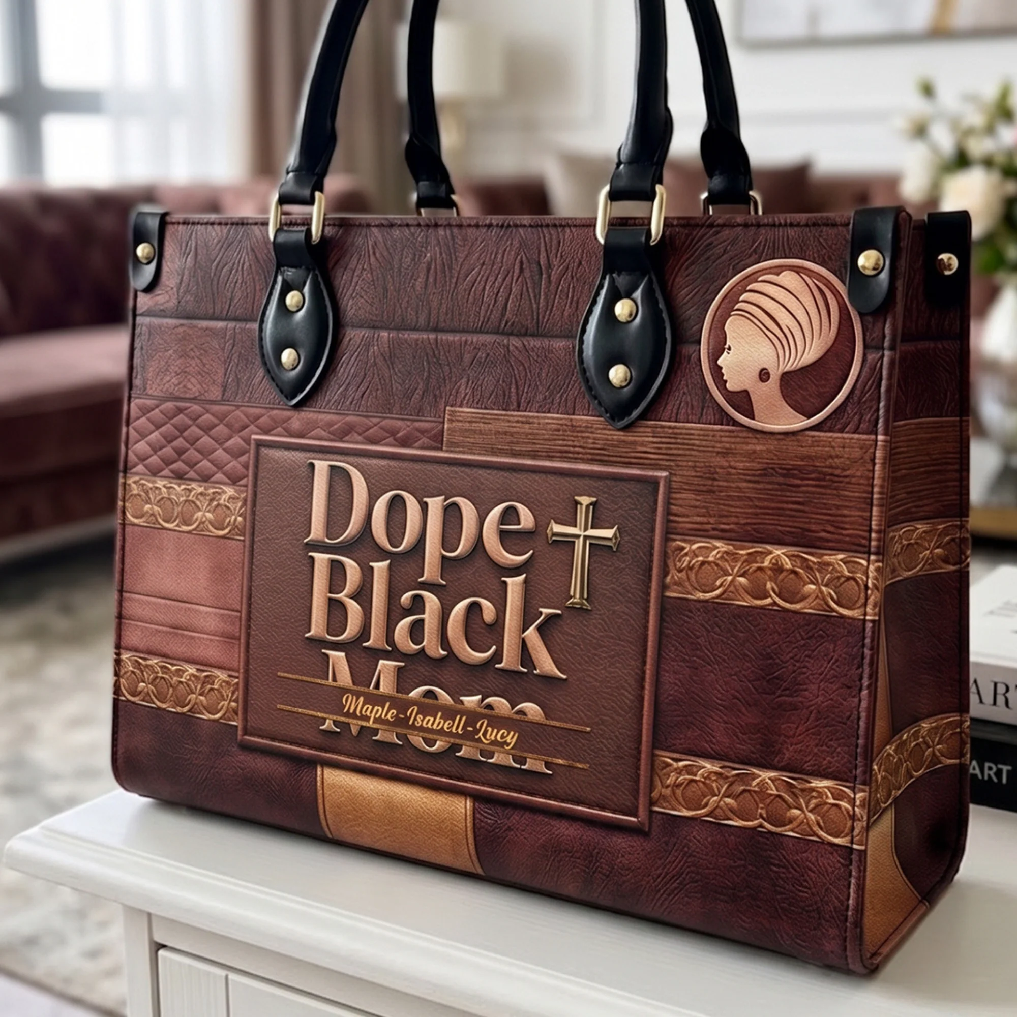 Dope Black Mom, Dope Mom - Custom With Kids' Names - Personalized Leather Bag - Image 4