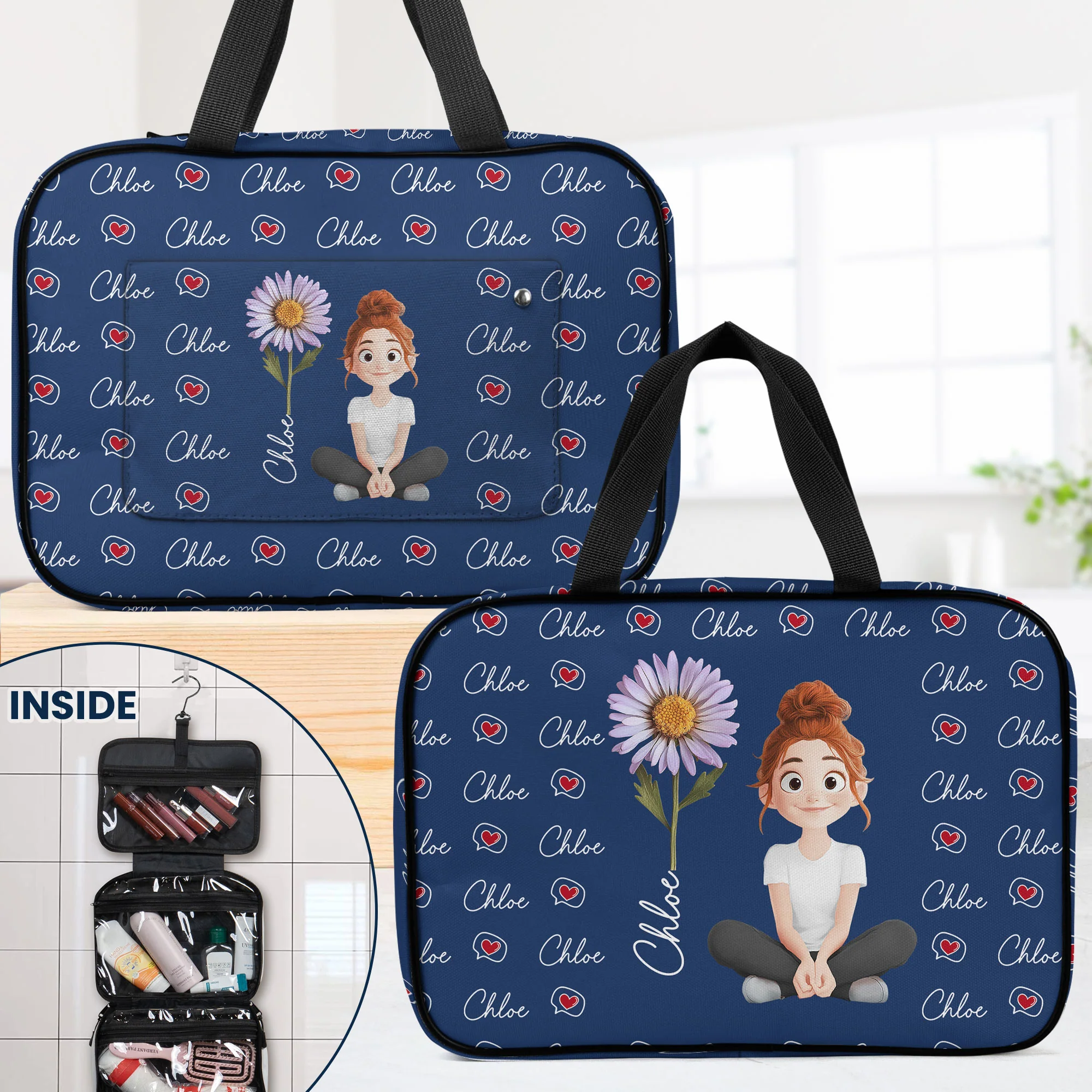 Dried Birth Flower - Personalized Hanging Toiletry Bag