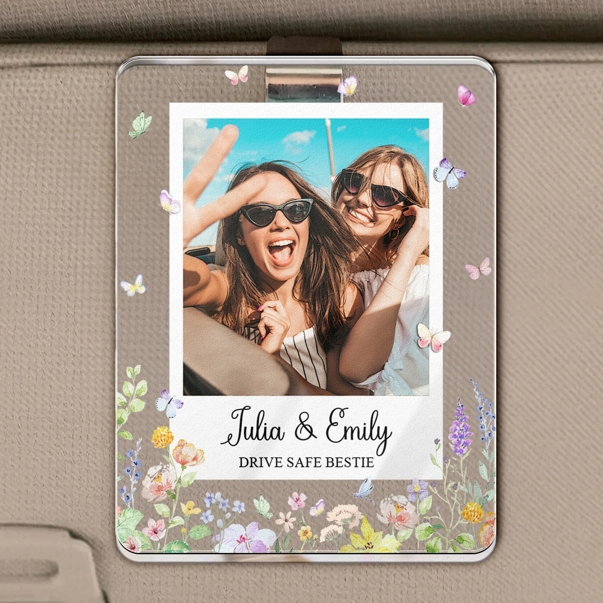 Drive Safe Bestie Floral - Personalized Acrylic Photo Visor Clip - Image 2