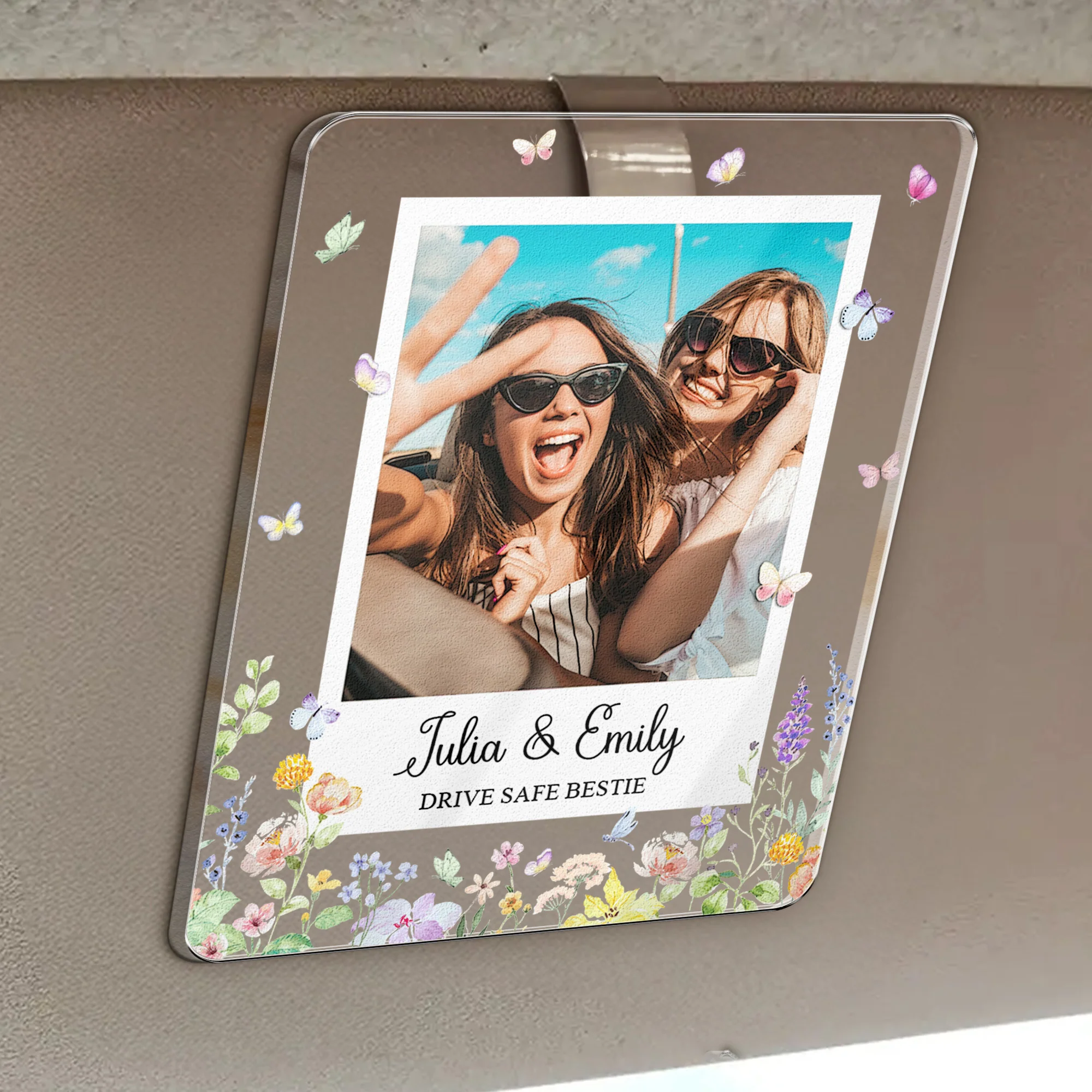 Drive Safe Bestie Floral - Personalized Acrylic Photo Visor Clip - Image 4