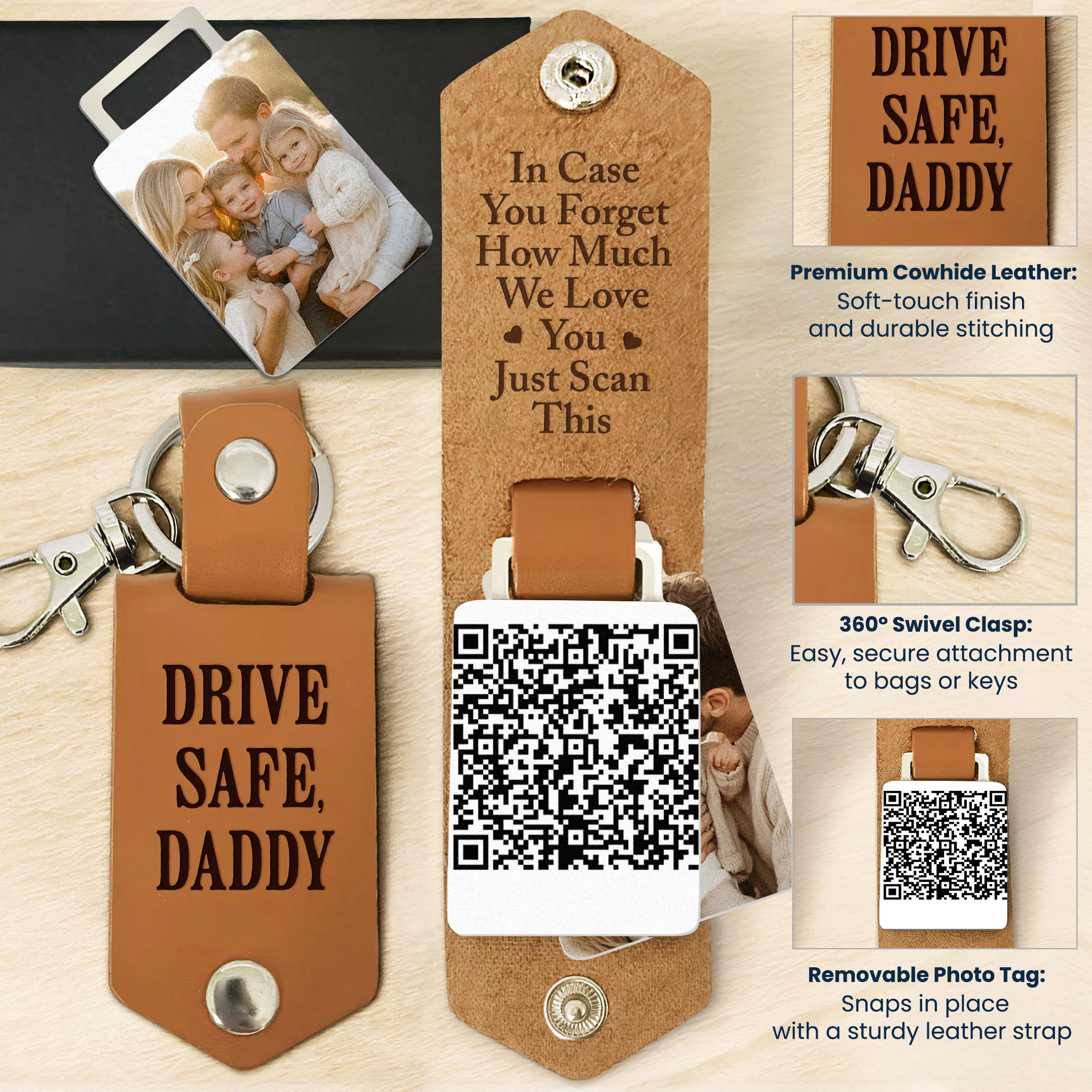Drive Safe Daddy - Custom QR Code & Photo Gifts - Personalized Leather Photo Keychain - Image 8