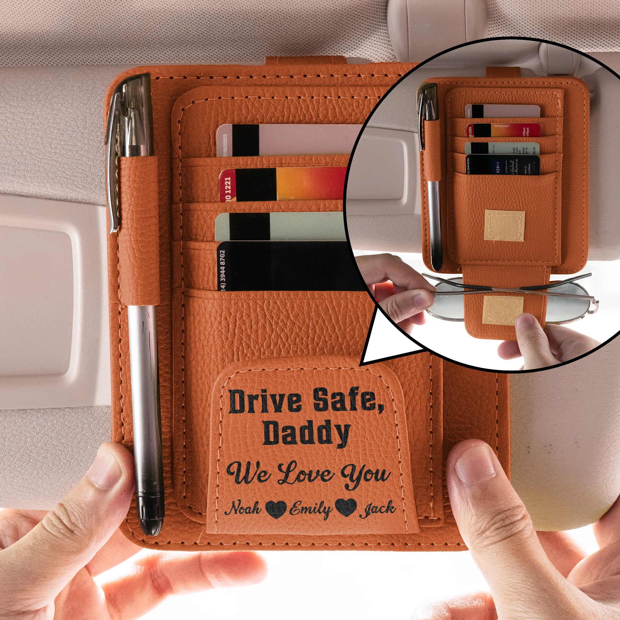 Drive Safe, Daddy - For Dad, Grandpa, Mom - Personalized Leather Car Visor Organizer - Image 2
