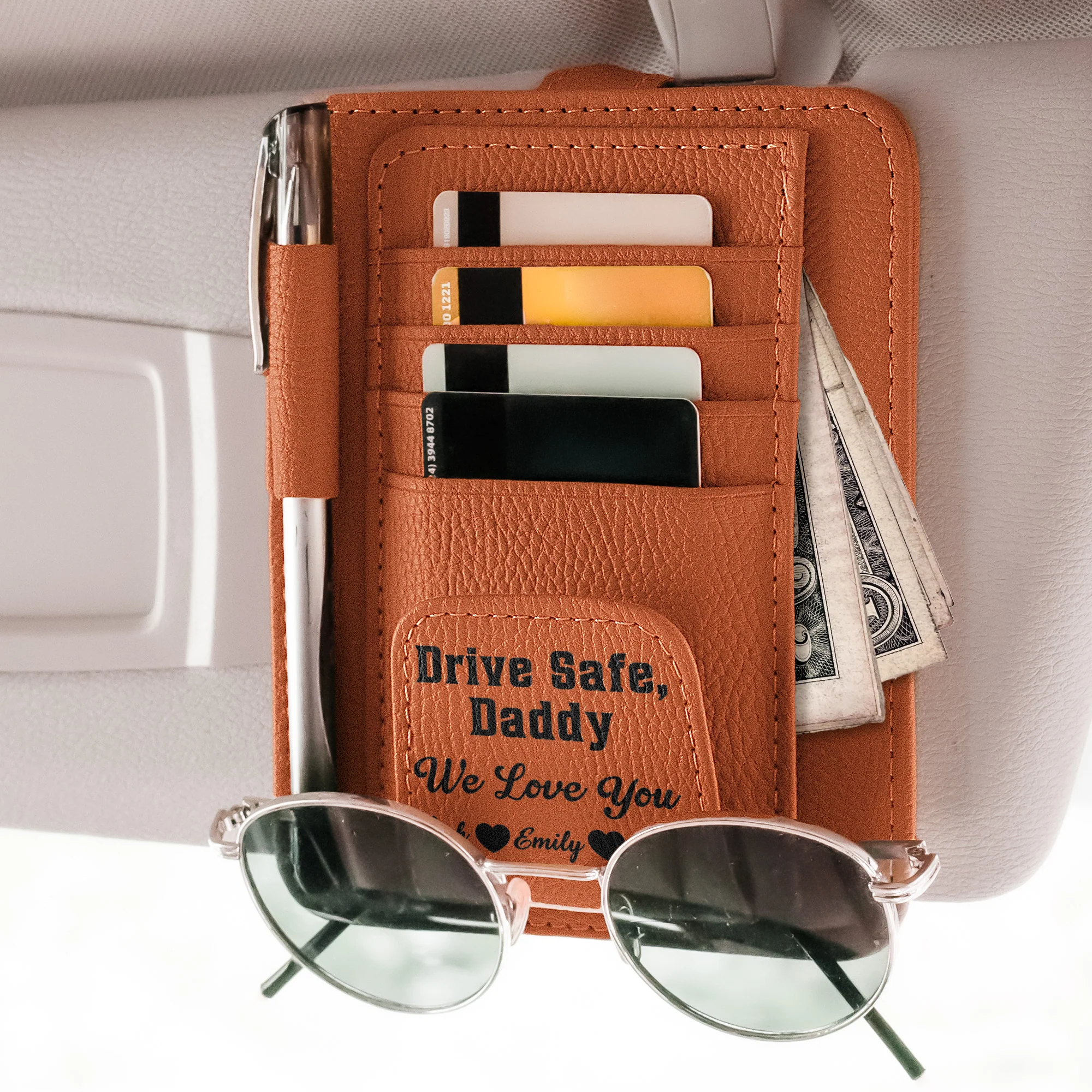 Drive Safe, Daddy - For Dad, Grandpa, Mom - Personalized Leather Car Visor Organizer - Image 3