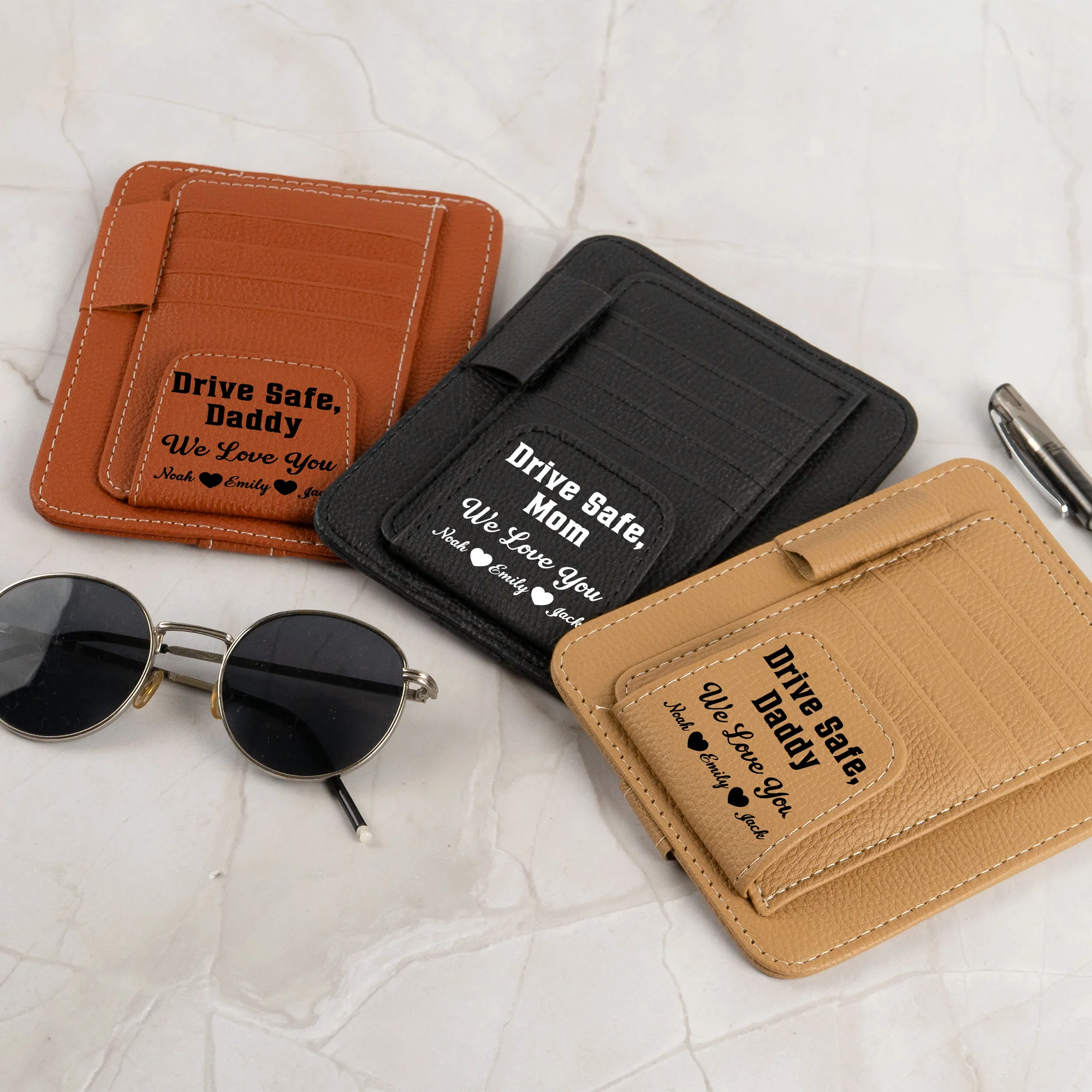 Drive Safe, Daddy - For Dad, Grandpa, Mom - Personalized Leather Car Visor Organizer - Image 4
