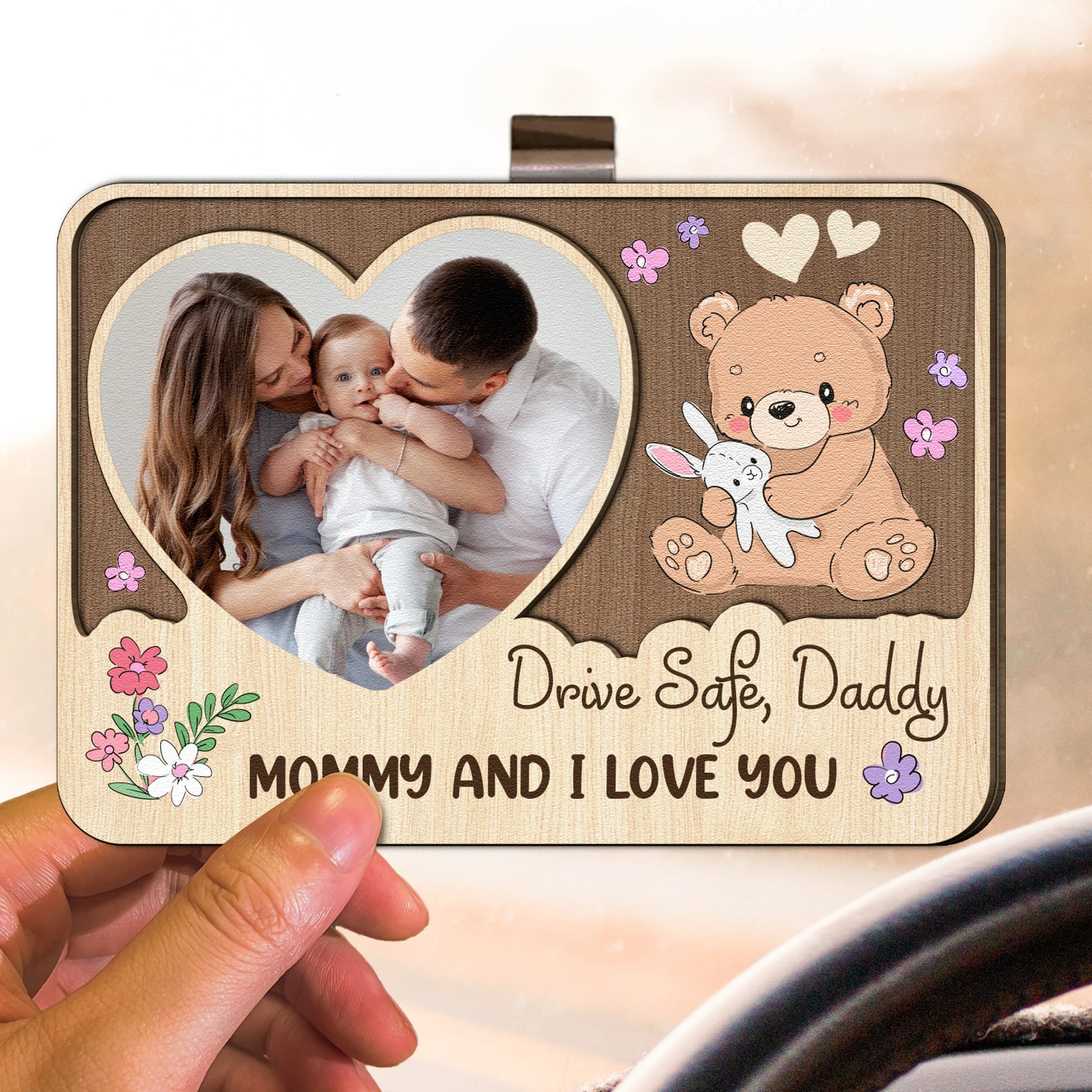 Drive Safe, Daddy. Mommy And I Love You - Personalized Wooden Photo Car Visor Clip - Image 4