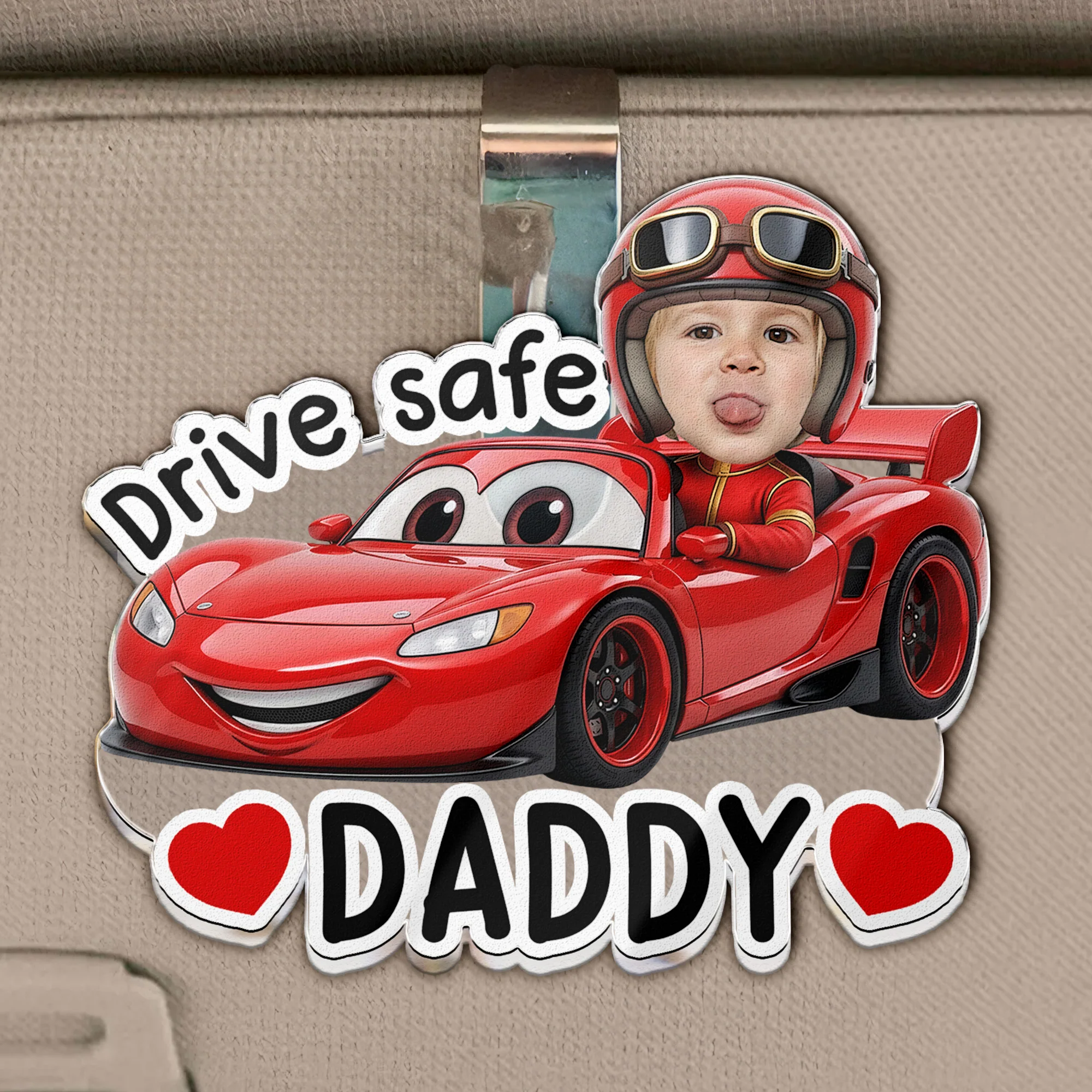 Drive Safe, Daddy, Papa, Mommy, Grandma - Custom Kids' Face Racing Cars - Personalized Car Visor Clip - Image 2