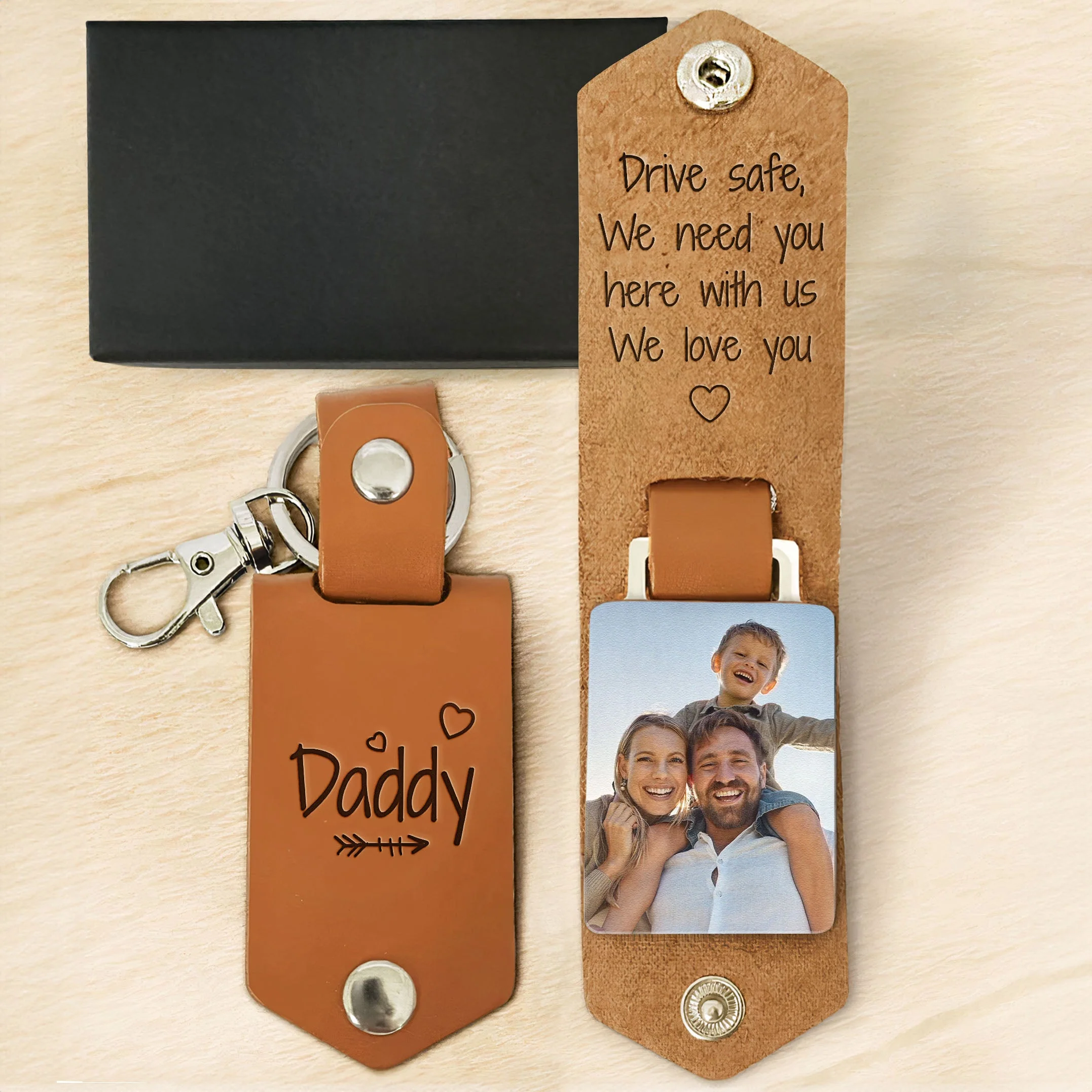 Drive Safe Daddy We Love You - Personalized Leather Photo Keychain - Image 2