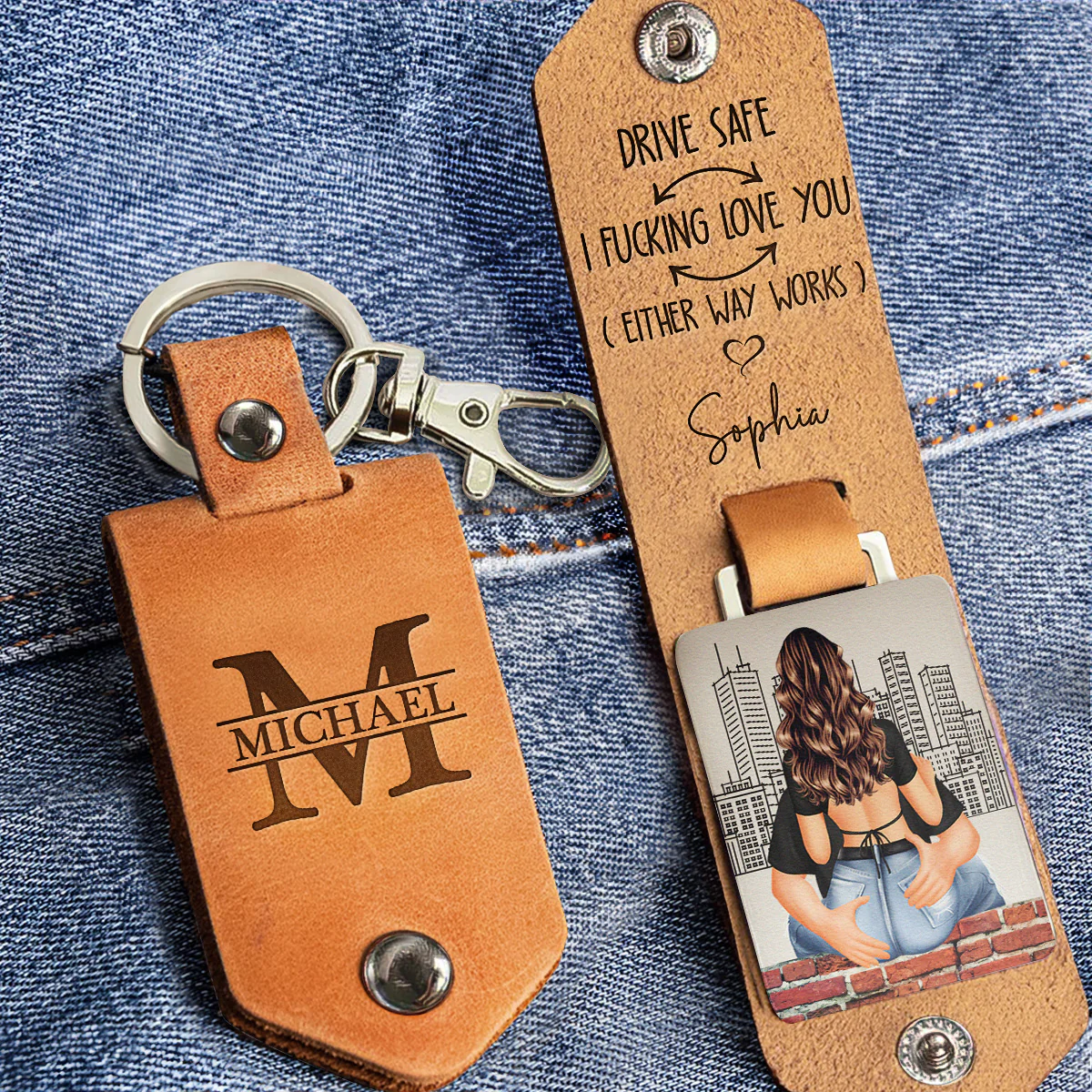 Drive Safe I F*cking Love You (Either Way Workds) - Personalized Leather Keychain - Image 2
