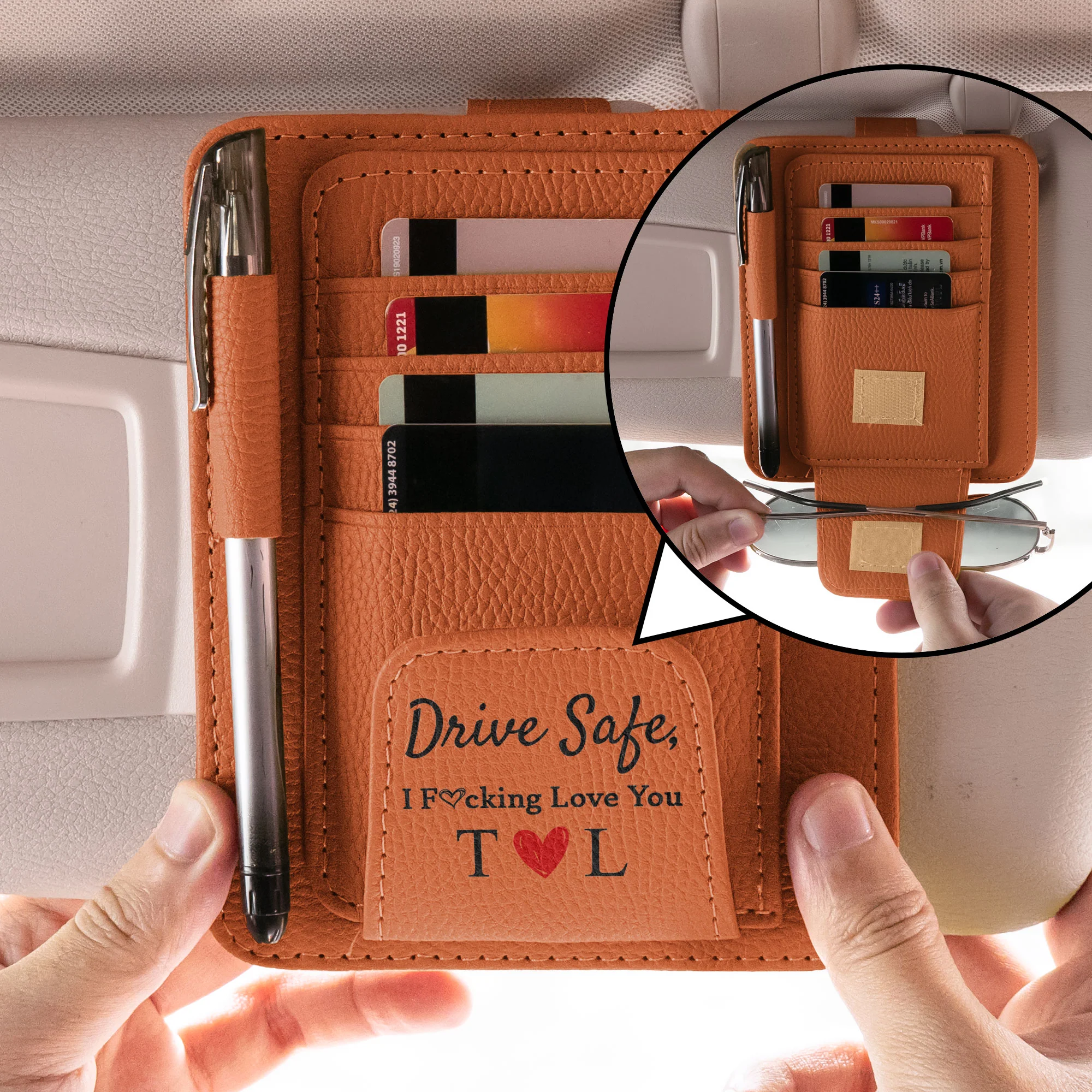 Drive Safe I F@cking Love You - Personalized Leather Car Visor Organizer - Image 2