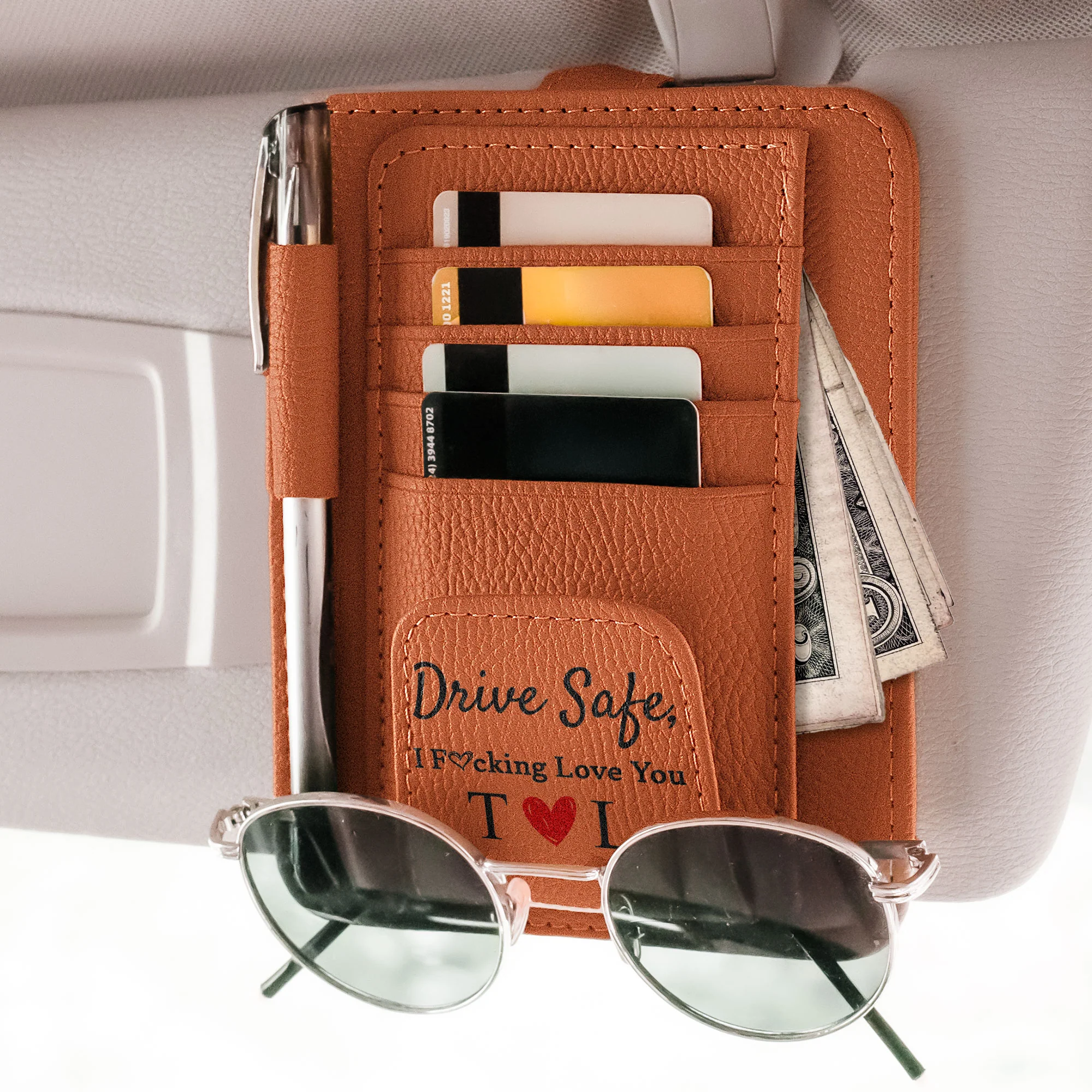 Drive Safe I F@cking Love You - Personalized Leather Car Visor Organizer - Image 3