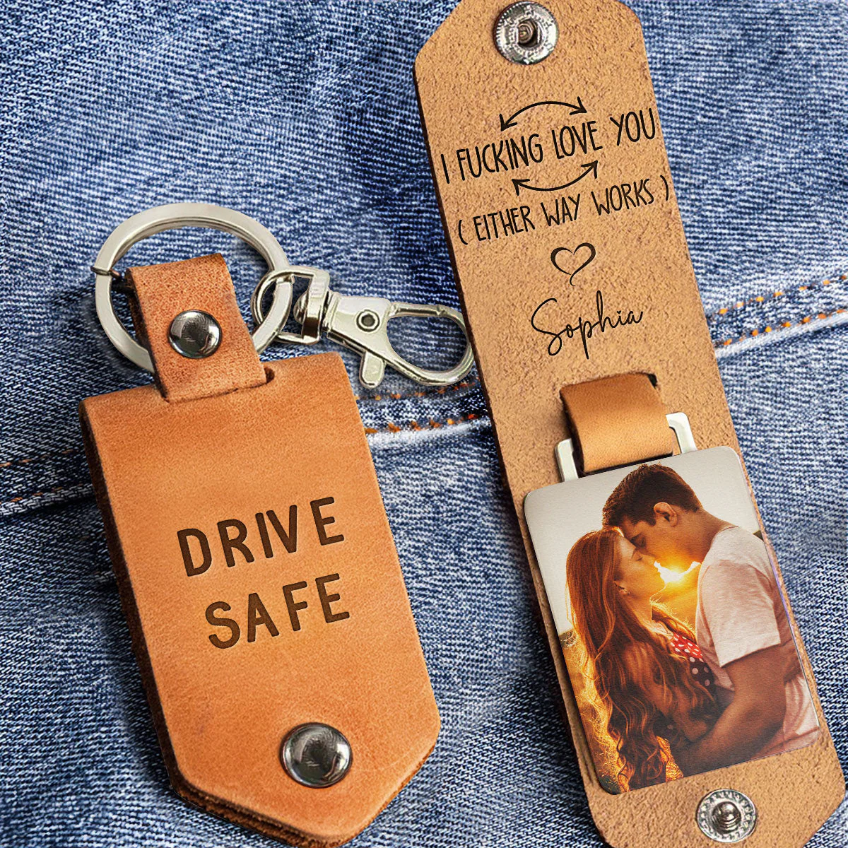 Drive Safe I F-king Love You - Personalized Leather Photo Keychain - Image 2