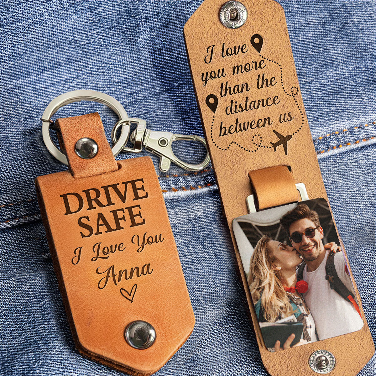 Drive Safe I Love You More Than The Distance Between Us - Personalized Leather Photo Keychain - Image 2