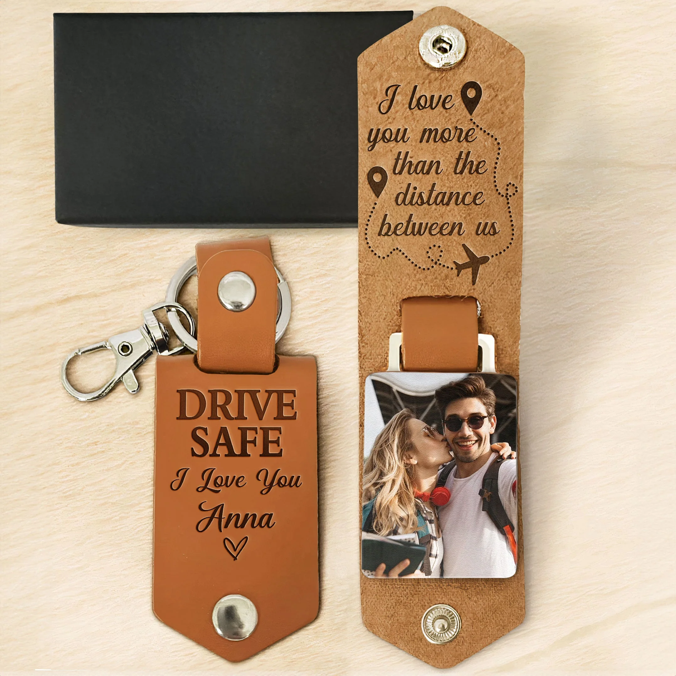 Drive Safe I Love You More Than The Distance Between Us - Personalized Leather Photo Keychain - Image 5