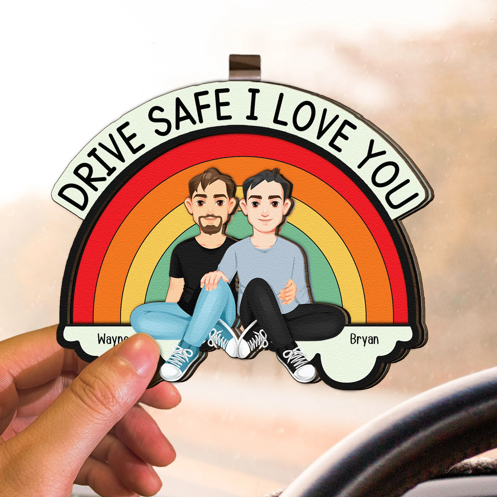 Drive Safe I Love You Rainbow Love Couple - Personalized Wooden Car Visor Clip - Image 3