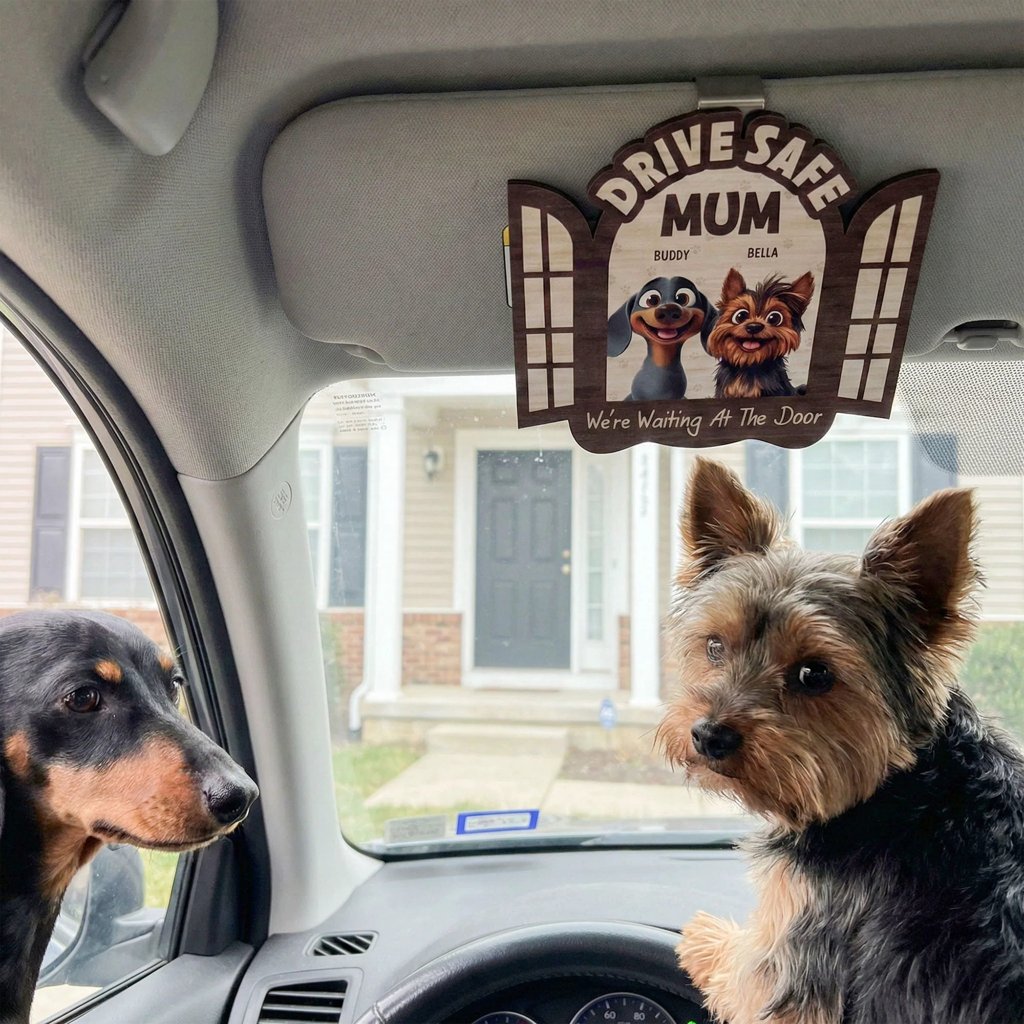 Drive Safe! We’re Waiting At The Door - Personalized Wooden Car Visor Clip - Image 4