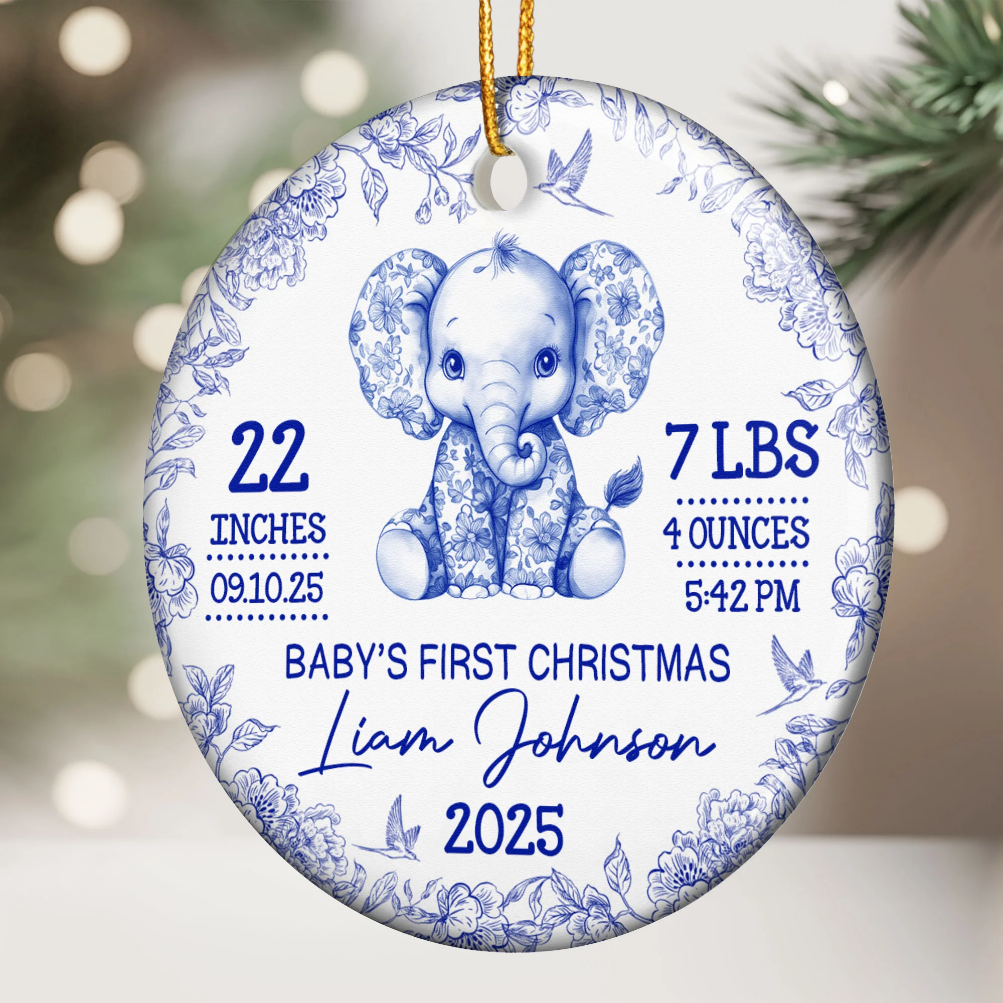 Elephant Baby First Christmas Toile Style - Personalized Ceramic Ornament - Image 2