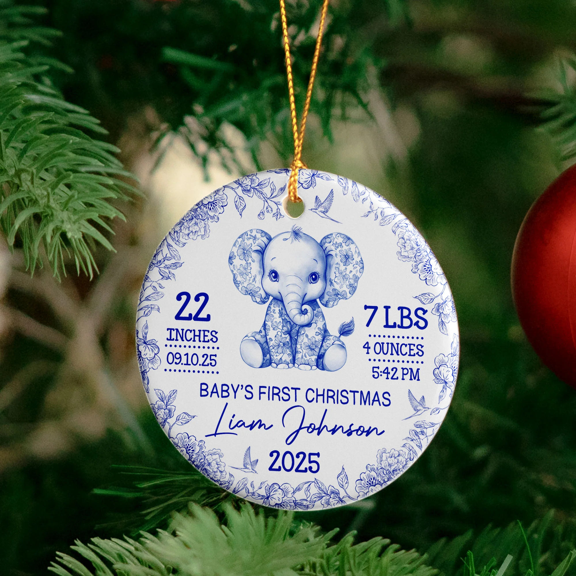 Elephant Baby First Christmas Toile Style - Personalized Ceramic Ornament - Image 4