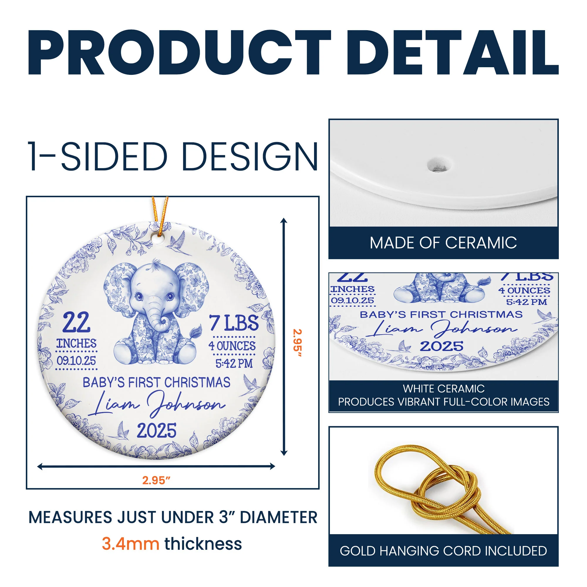 Elephant Baby First Christmas Toile Style - Personalized Ceramic Ornament - Image 5