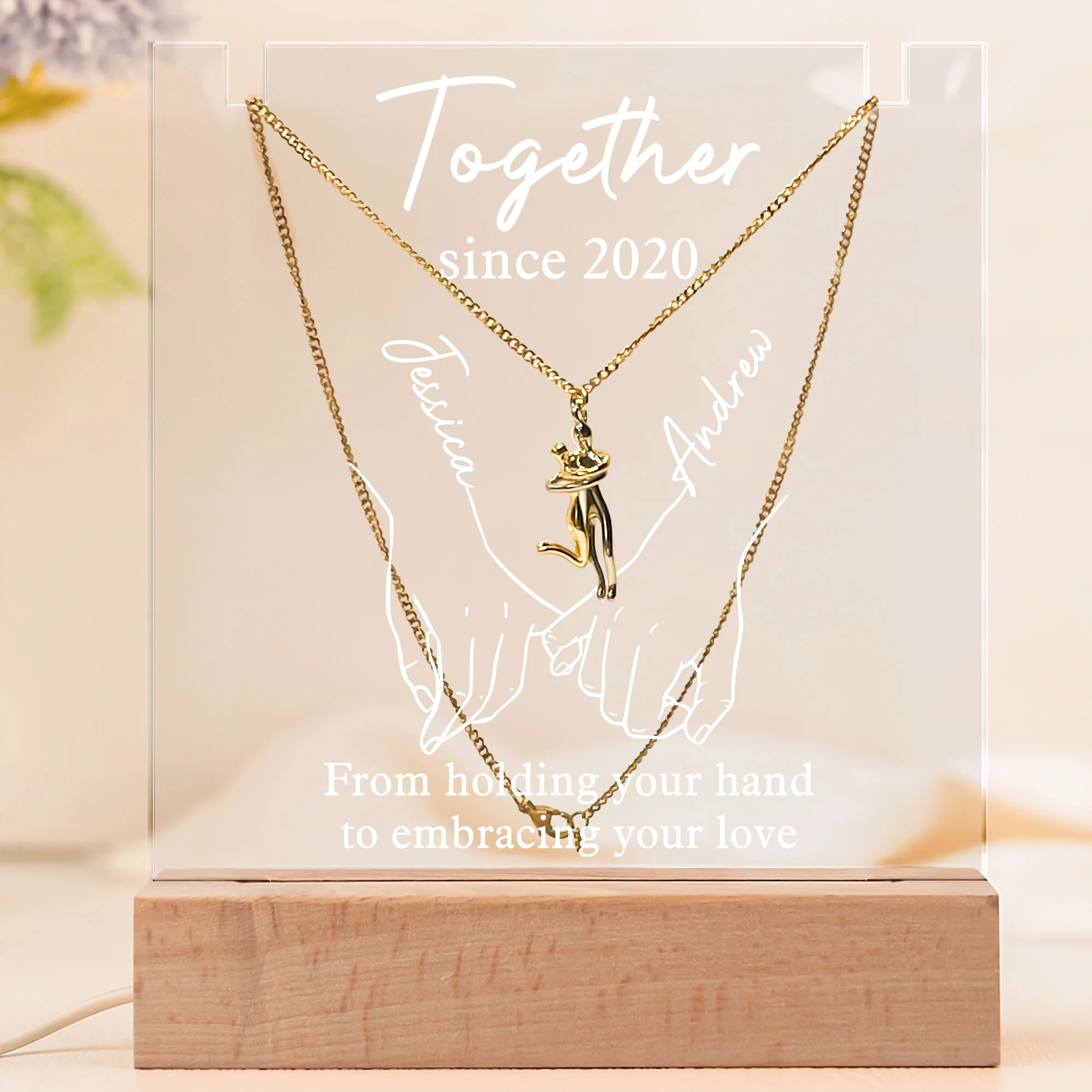 Embracing Your Love - Personalized LED Light Acrylic Plaque With Couple Necklace - Image 3