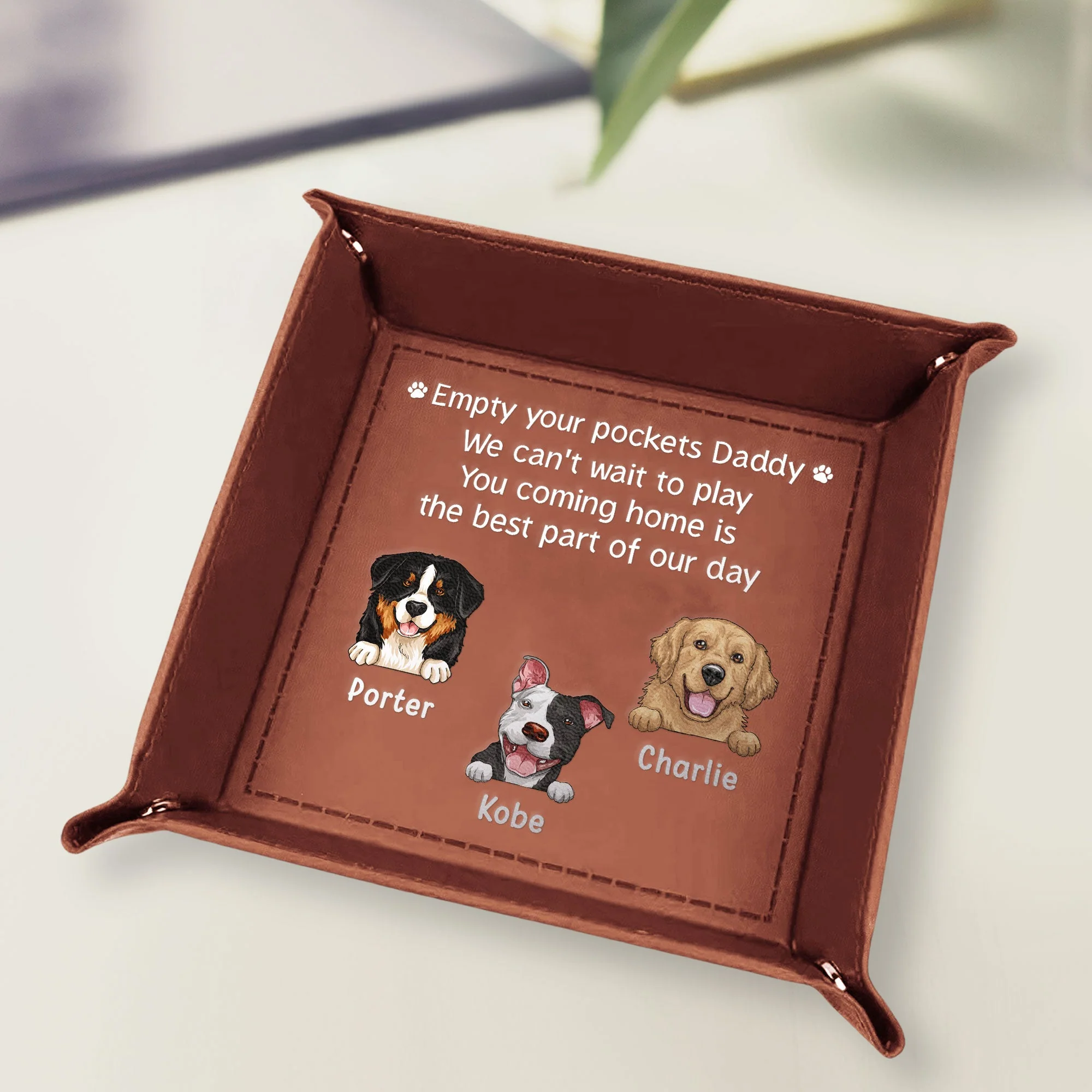 Empty Your Pockets Daddy Play With Us Dogs - Personalized Leather Valet Tray - Image 2