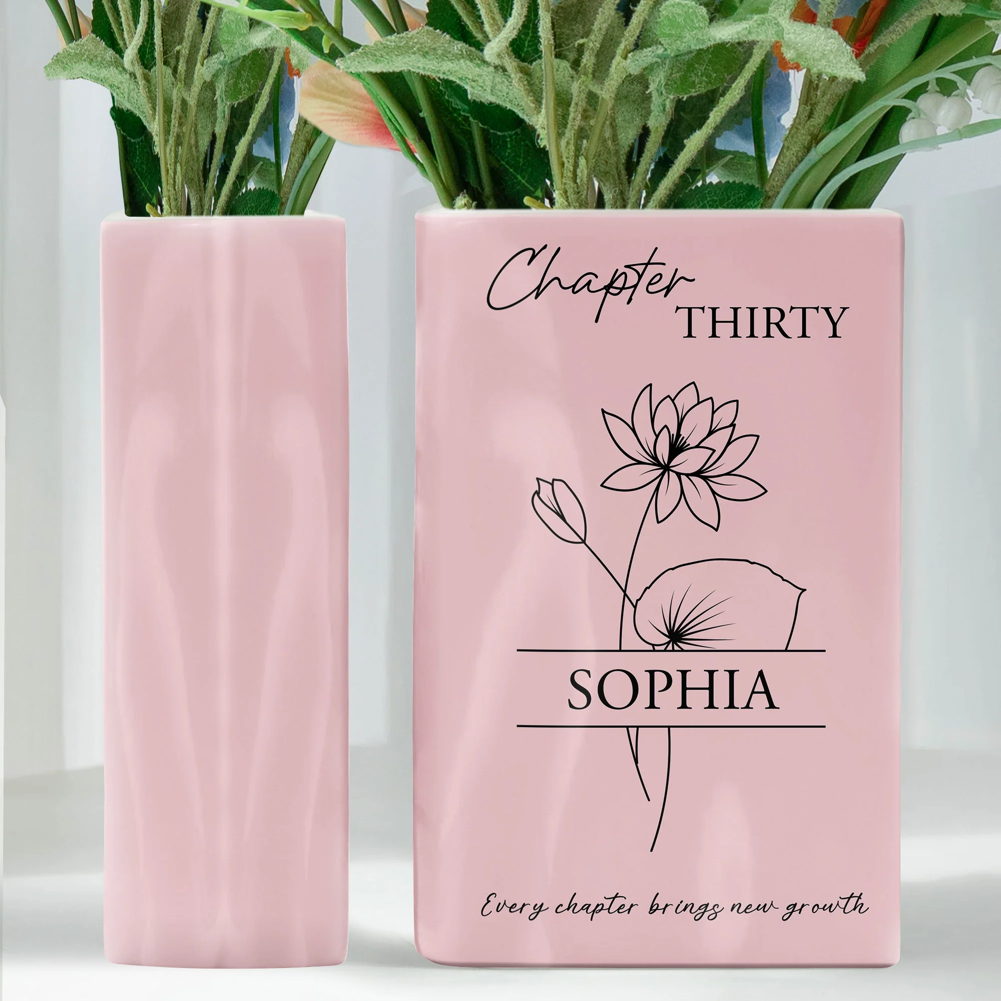 Every Chapter Brings New Growth Line Art Flowers - Personalized Vase - Image 3