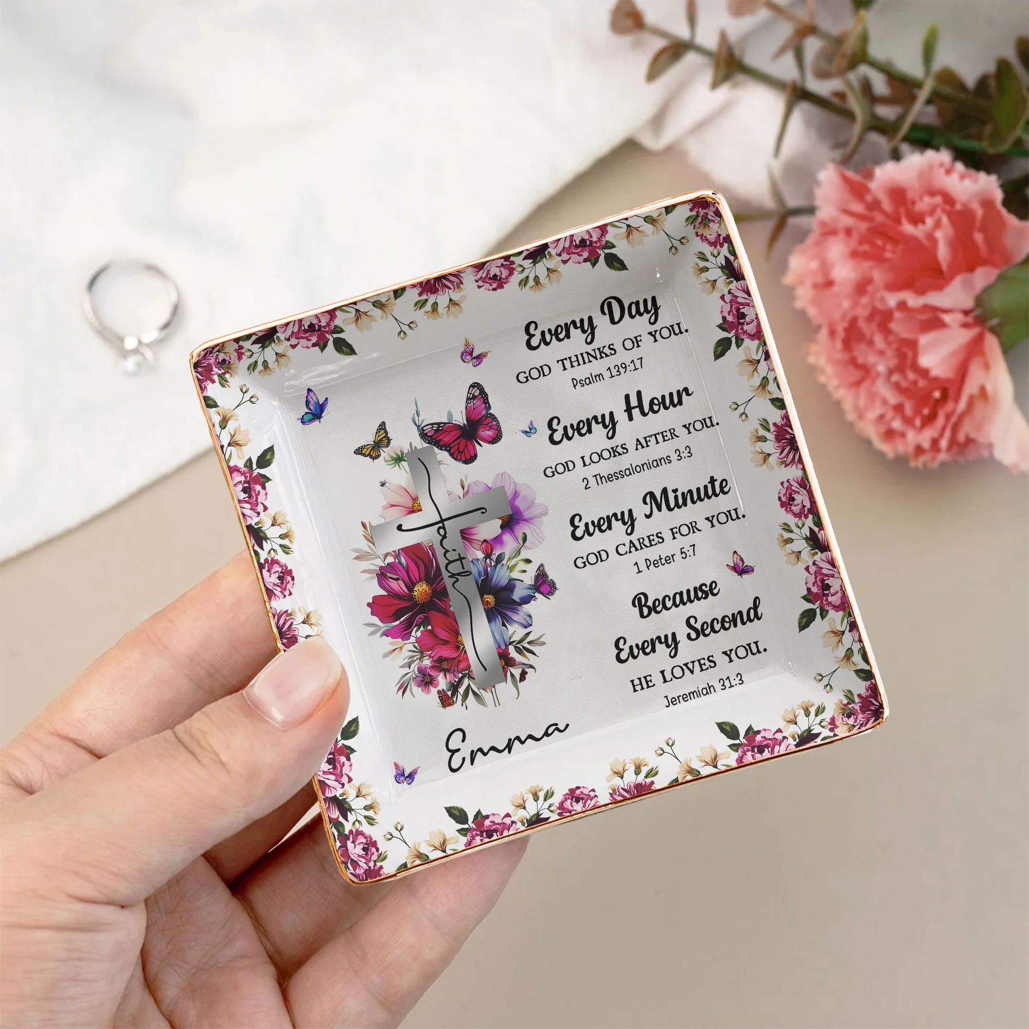 Every Day God Thinks Of You Bible Verses With Birth Flower - Personalized Jewelry Dish - Image 3